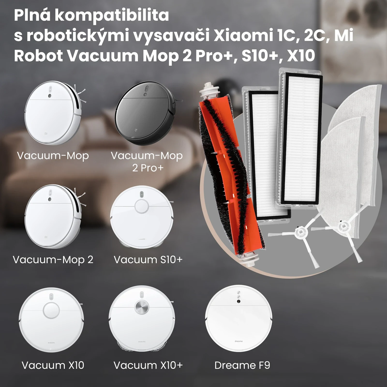 B&iacute;l&eacute; a čern&eacute; robotick&eacute; vysavače Xiaomi a Dreame vedle kart&aacute;če, filtrů, bočn&iacute;ch kart&aacute;čů a mopovac&iacute;ch utěrek