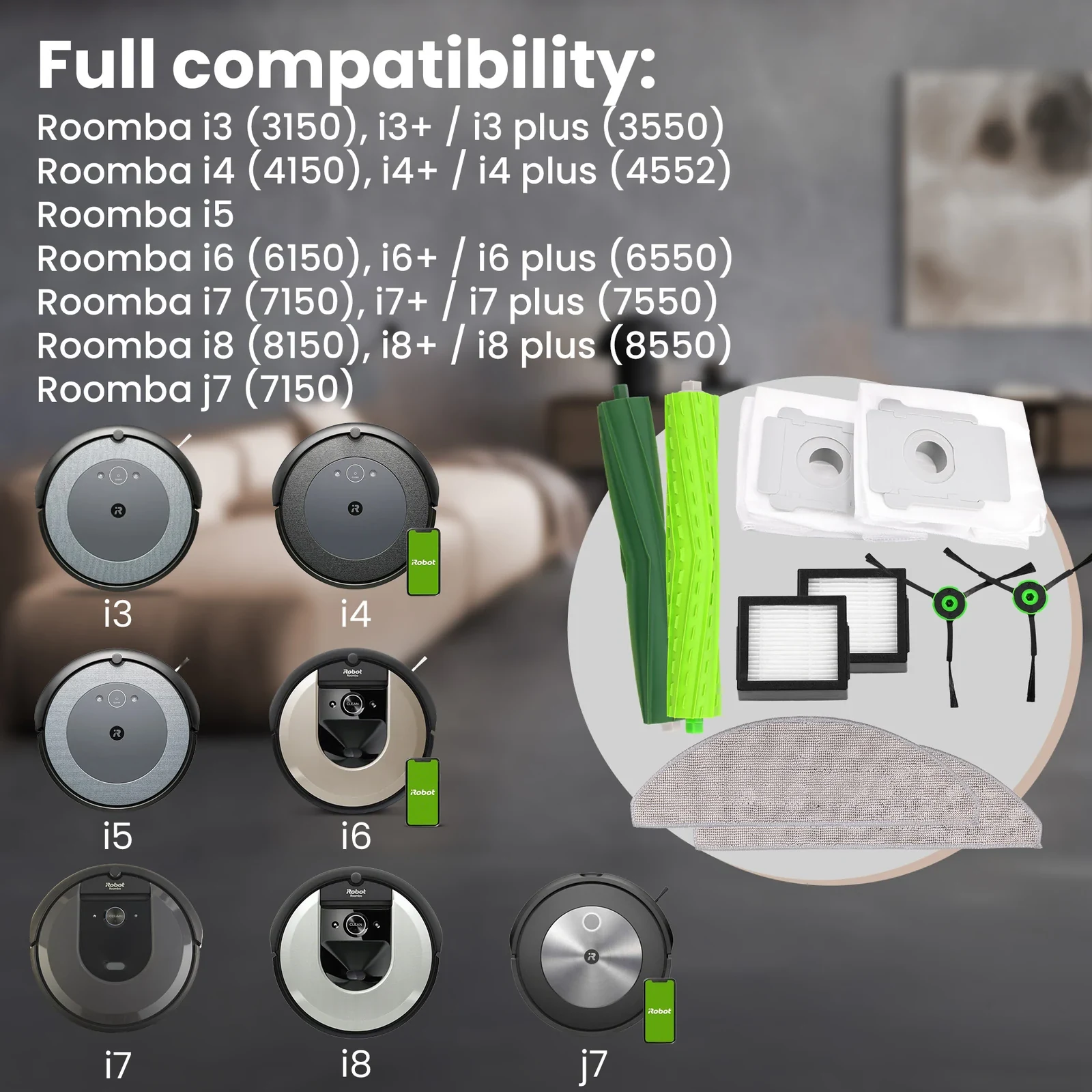 Replacement parts set beside iRobot Roomba i3, i4, i5, i6, i7, i8 and j7 robots