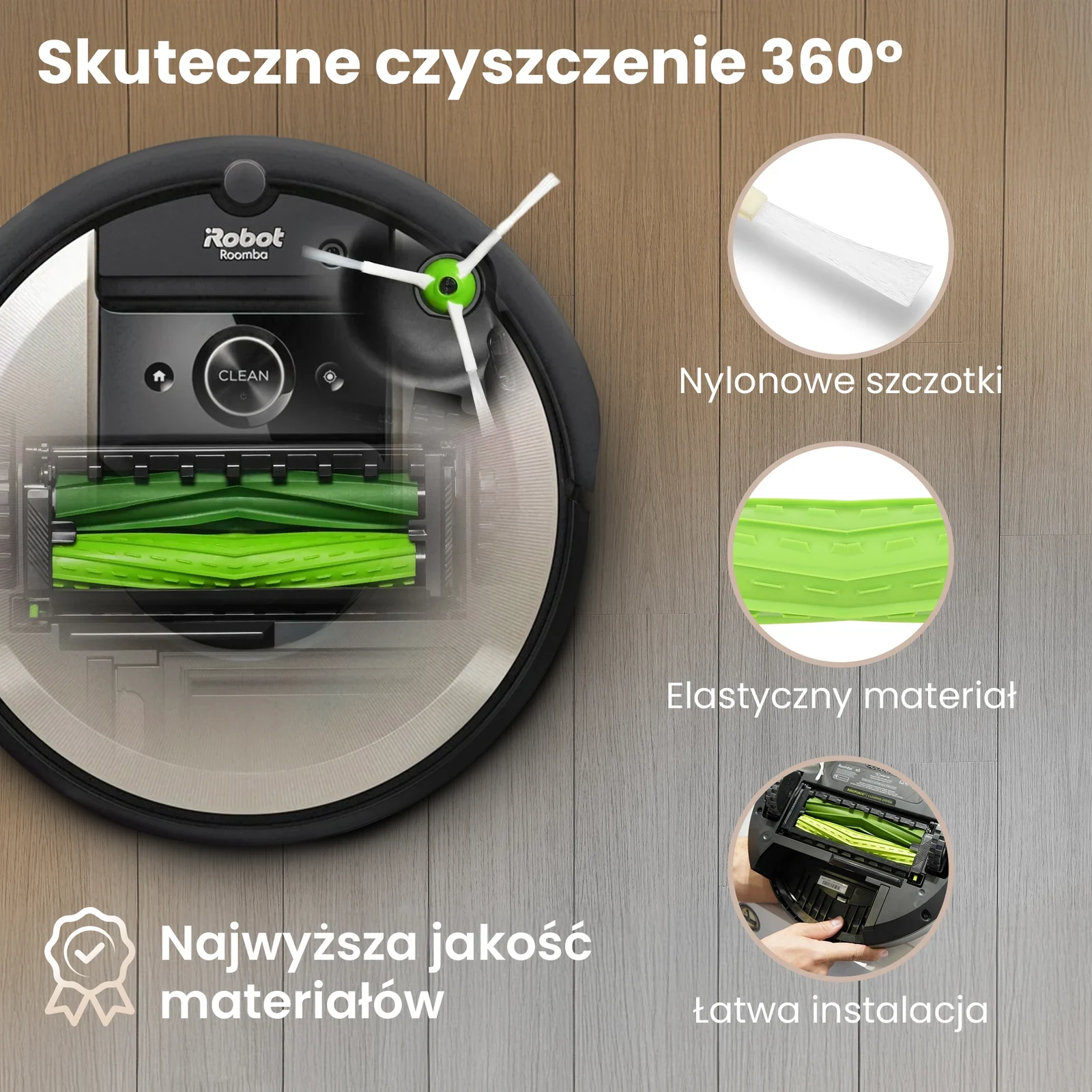 Robot iRobot Roomba z zamontowanymi zielonymi rolkami gumowymi i szczotką boczną