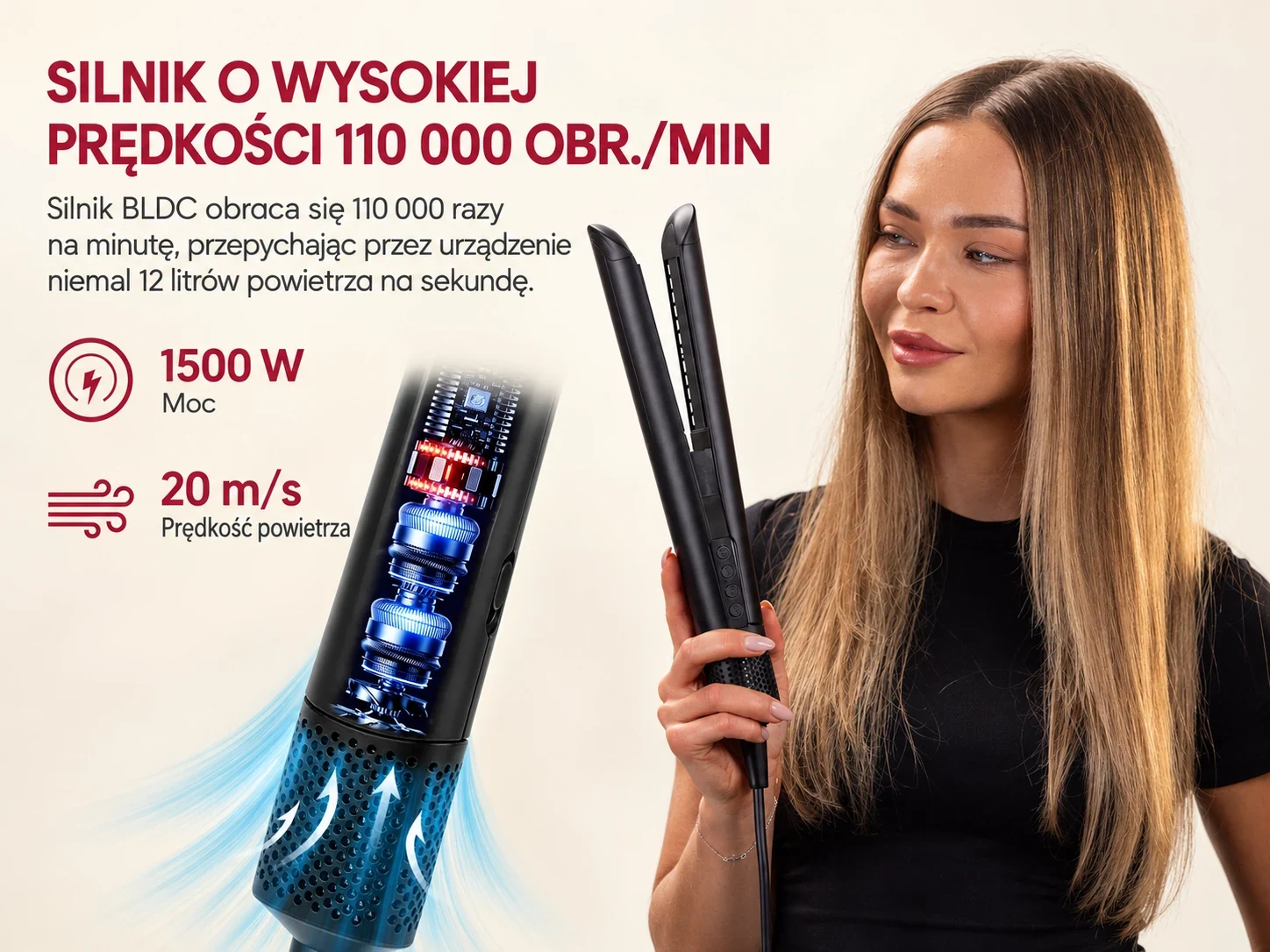 Schwarzer Aerogläter STAY Beauty, von einer Frau gehalten, mit sichtbarem Luftstrom am Gerät