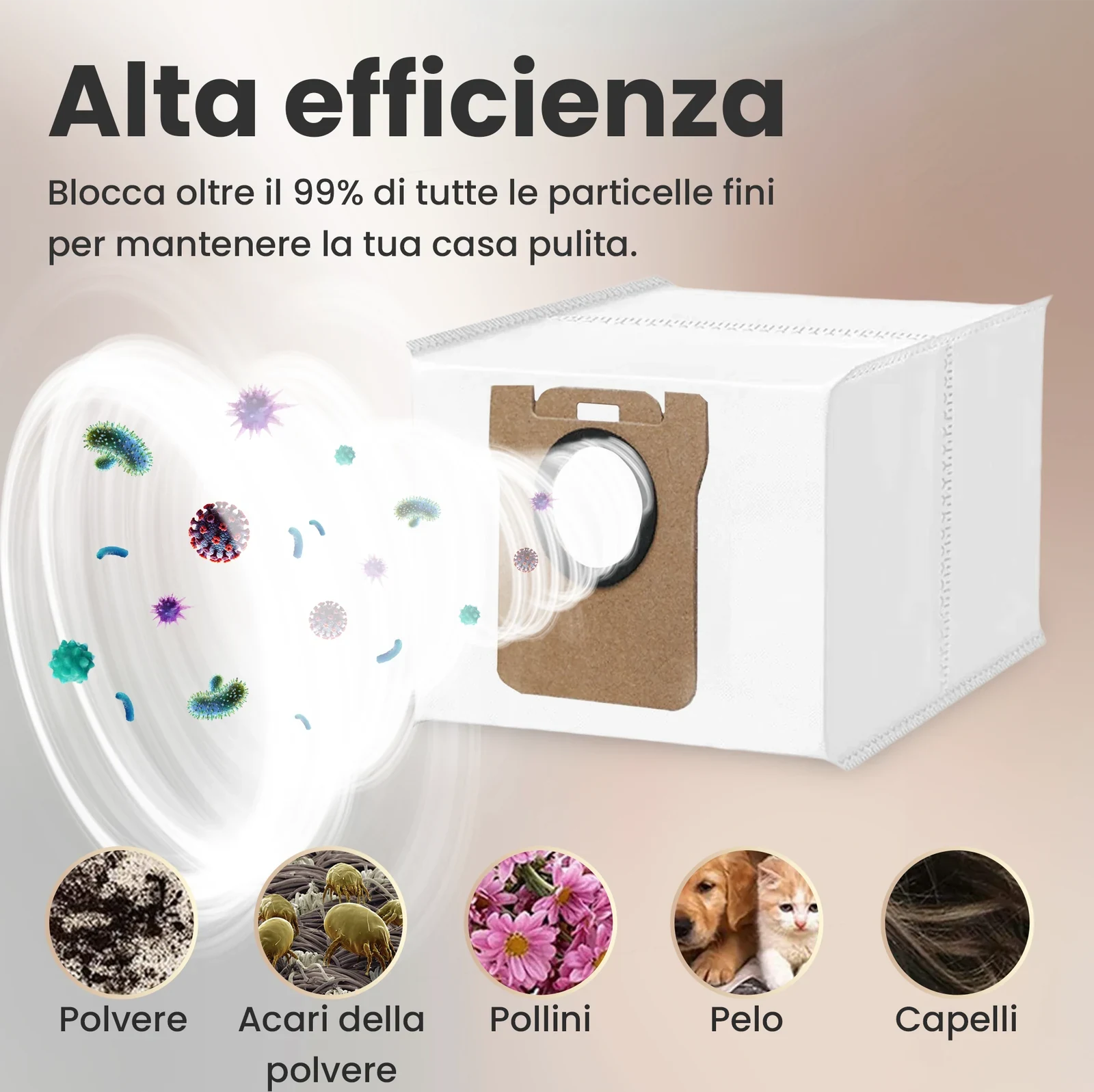 Sacchetto bianco per robot aspirapolvere con simboli colorati di polvere, peli e capelli