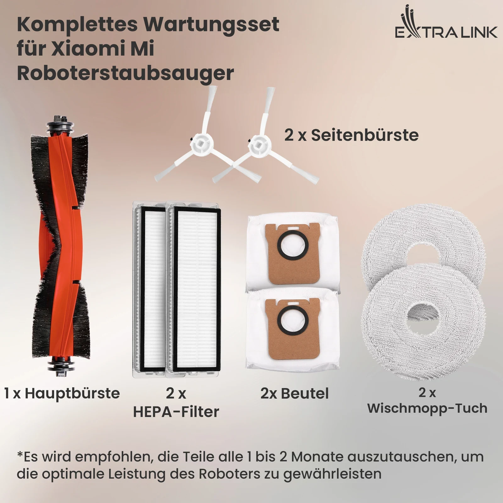 Teileset für einen Saugroboter: Hauptbürste, zwei Seitenbürsten, zwei Filter, Beutel und Wischtücher