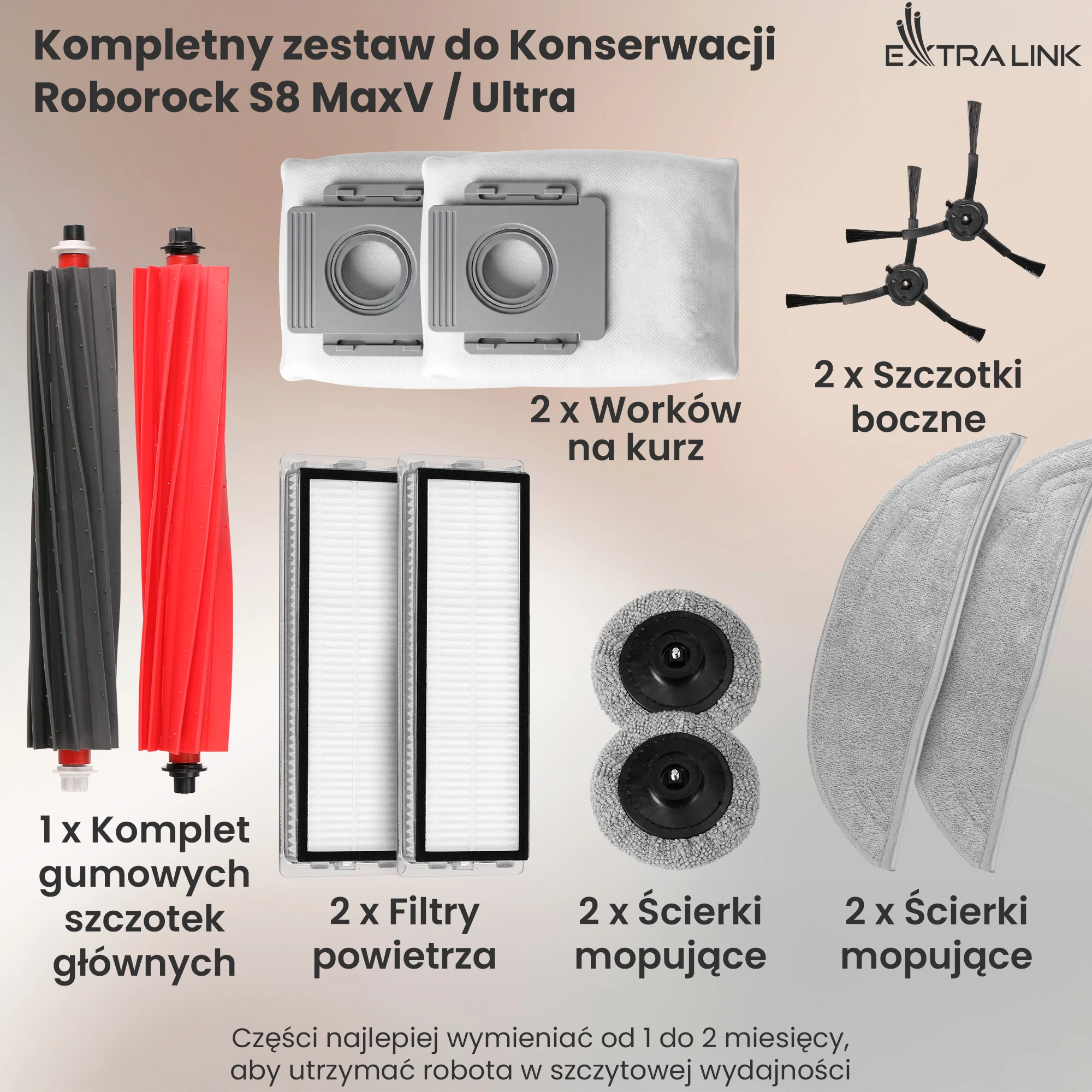 Kompletny zestaw 5w1 do Roborock S8 MaxV: wałki, filtry, szczotki boczne, mopy i worki