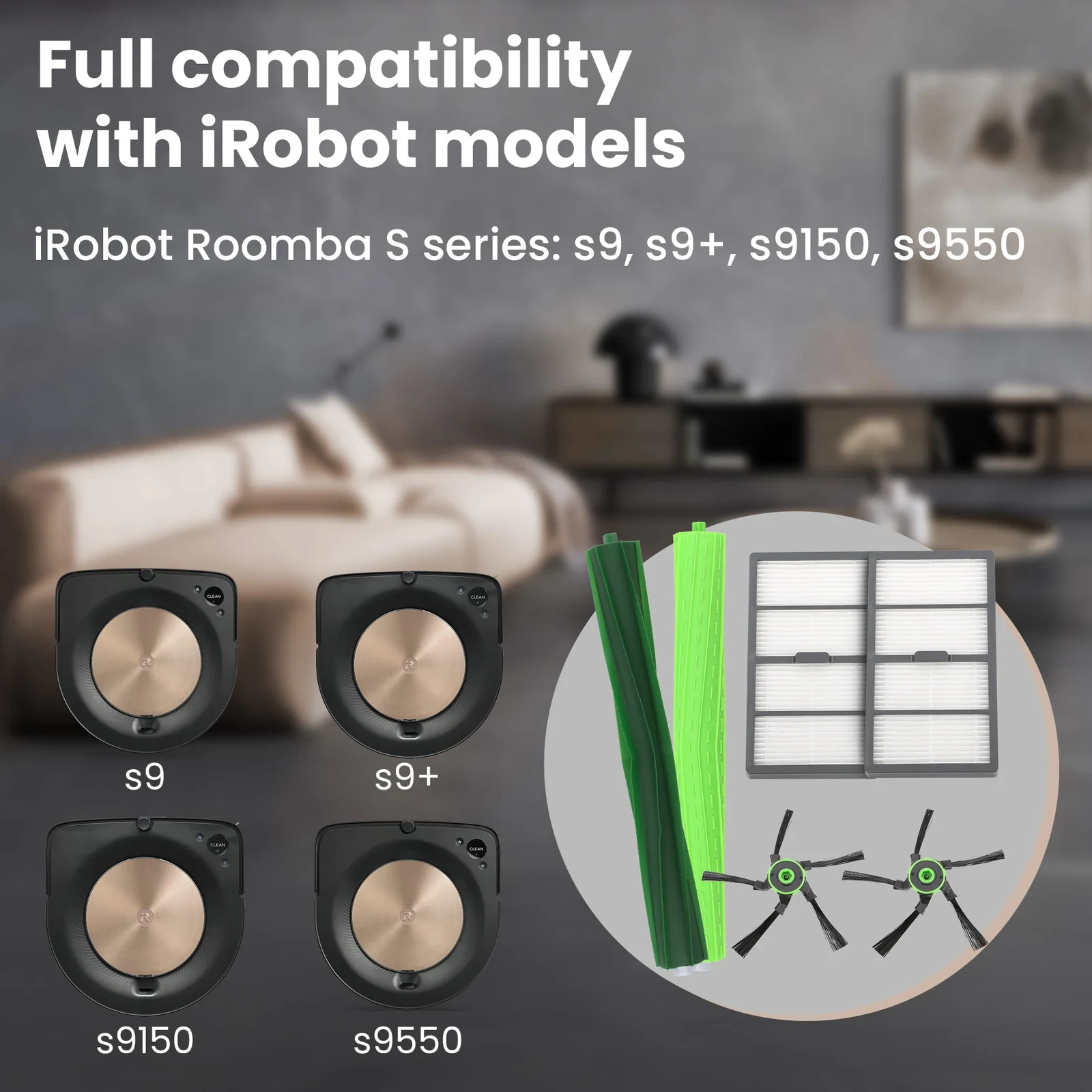 Black iRobot Roomba robot vacuum cleaners and a set of green brushes and filters
