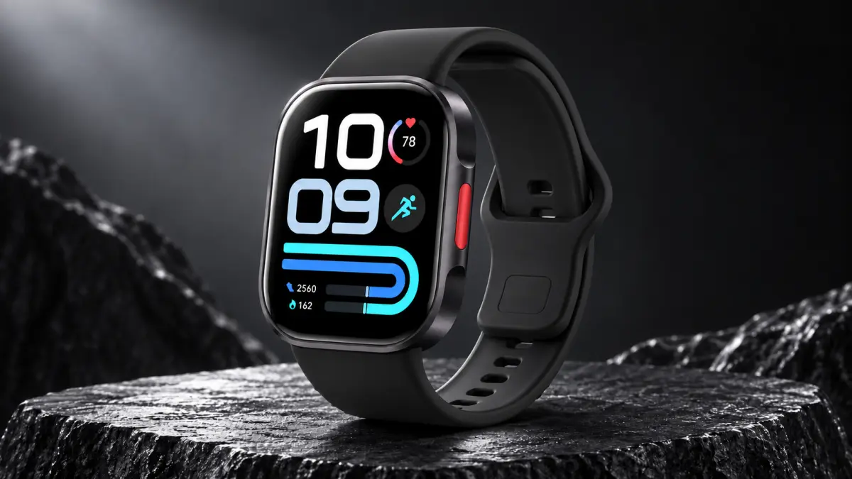 Schwarze Redmi Watch 6 Active Smartwatch auf einer Felsoberfläche, mit roter Taste an der Seite