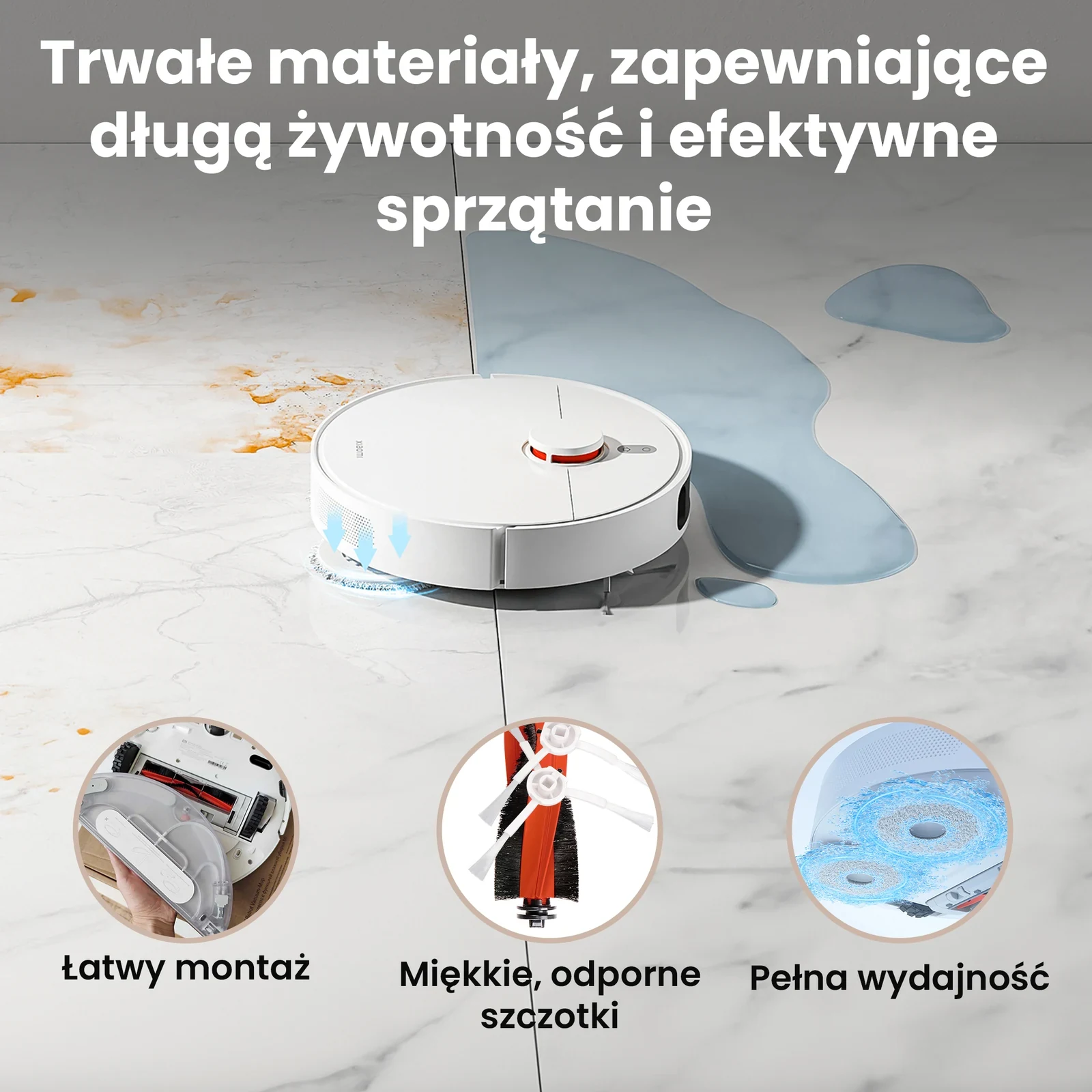 Biały robot Xiaomi sprzątający mokrą podłogę za pomocą zestawu wymiennych części