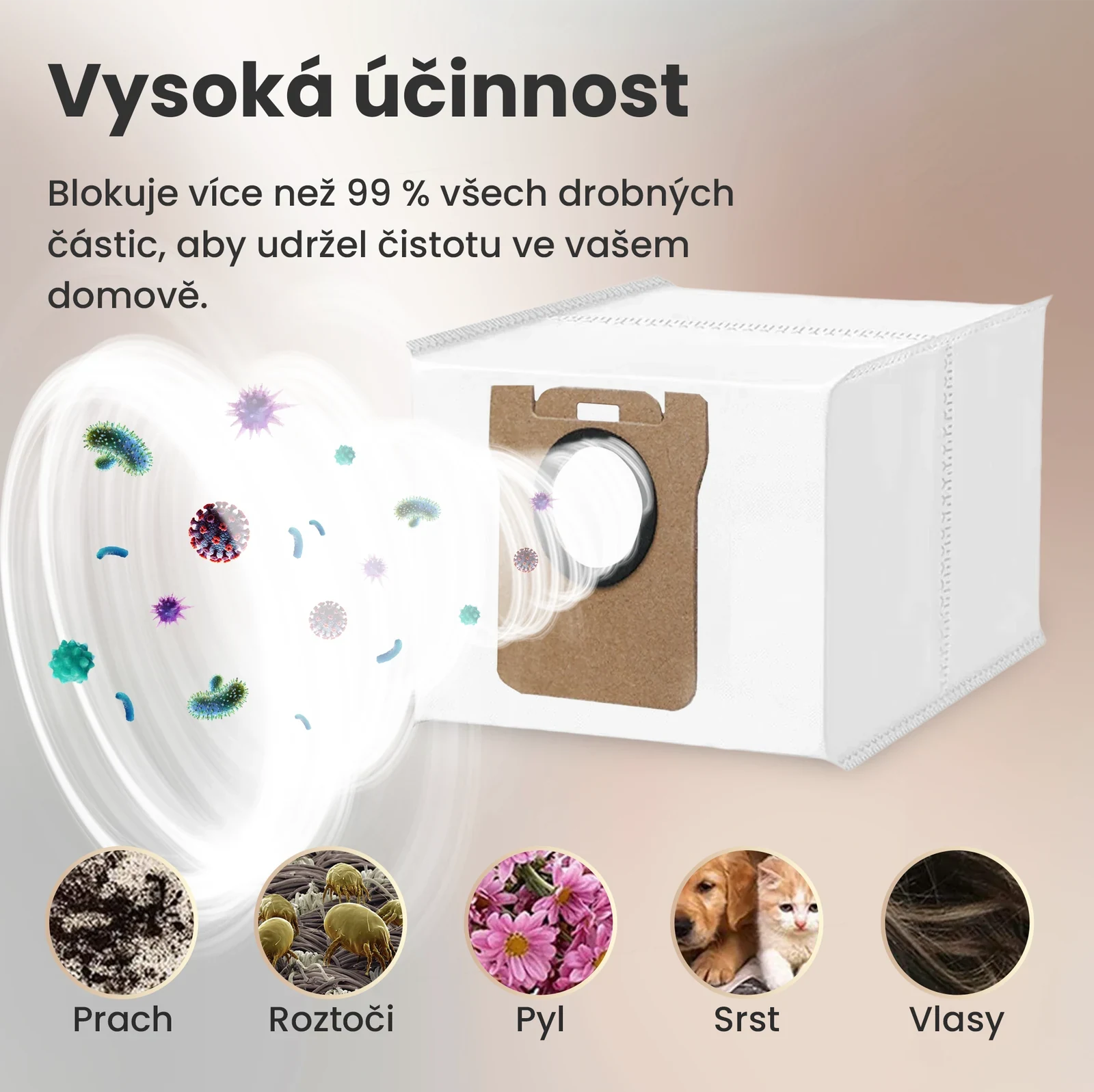 Bílý sáček pro robotický vysavač s barevnými symboly prachu, srsti a vlasů