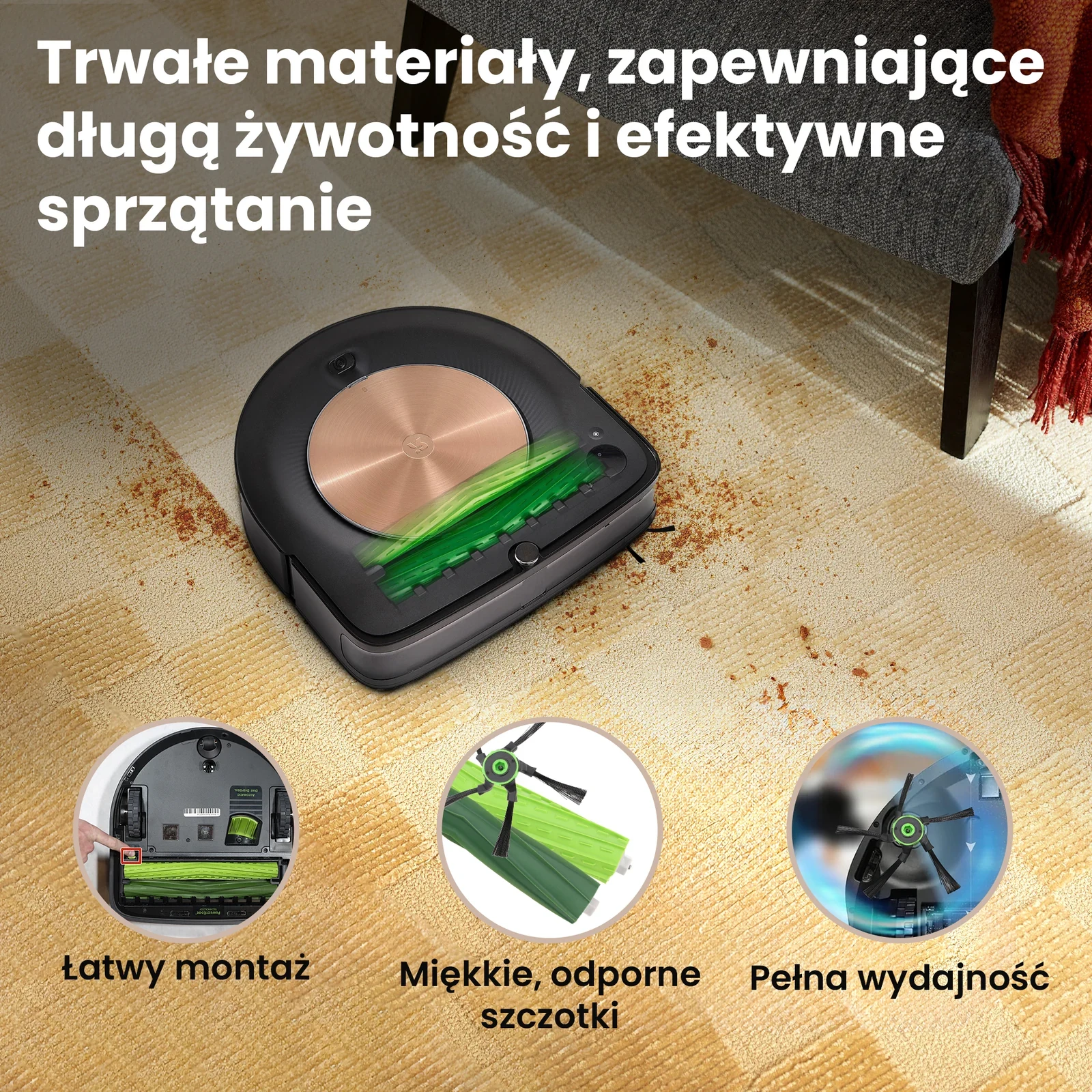 Czarny robot odkurzający z zieloną rolką czyszczącą na dywanie