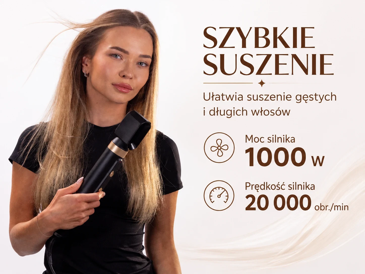 Kobieta suszy długie włosy czarną lok&oacute;wko-suszarką Stay Beauty
