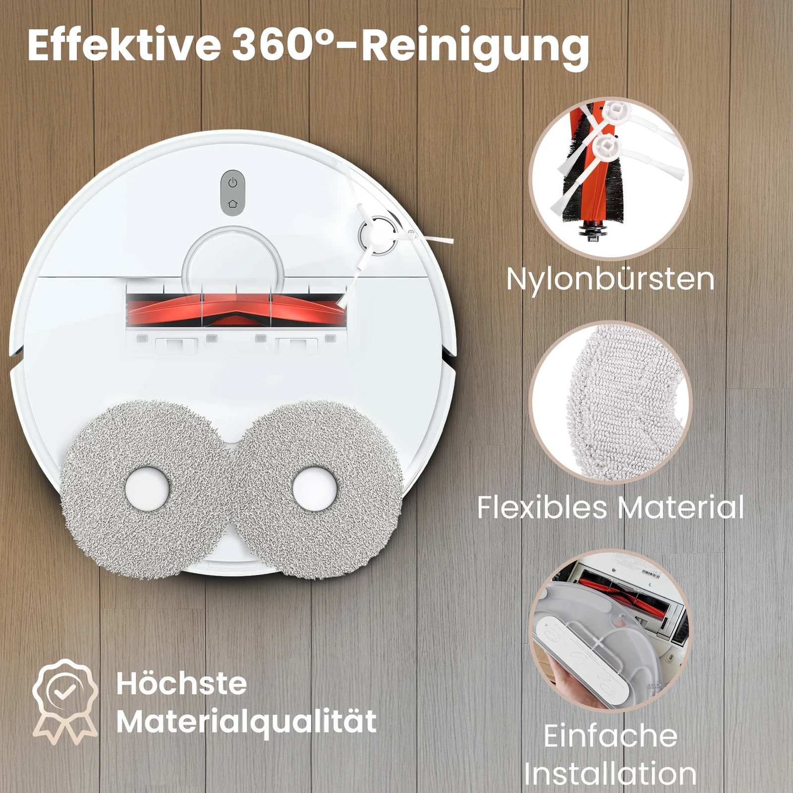 Xiaomi-Roboter mit montierter Hauptb&uuml;rste, Seitenb&uuml;rste und zwei Wischt&uuml;chern