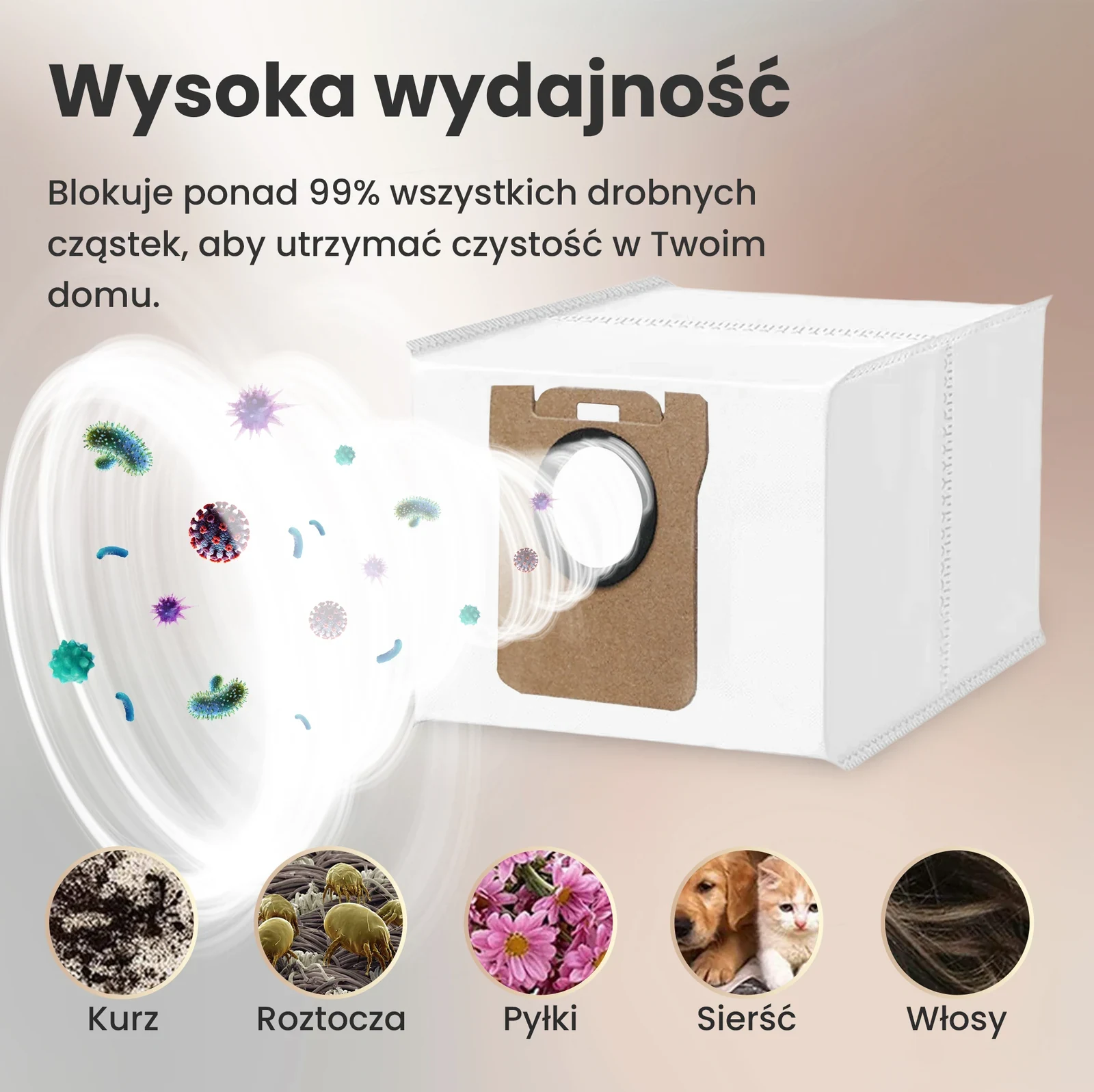 Biały worek do robota sprzątającego z kolorowymi symbolami kurzu, sierści i włosów