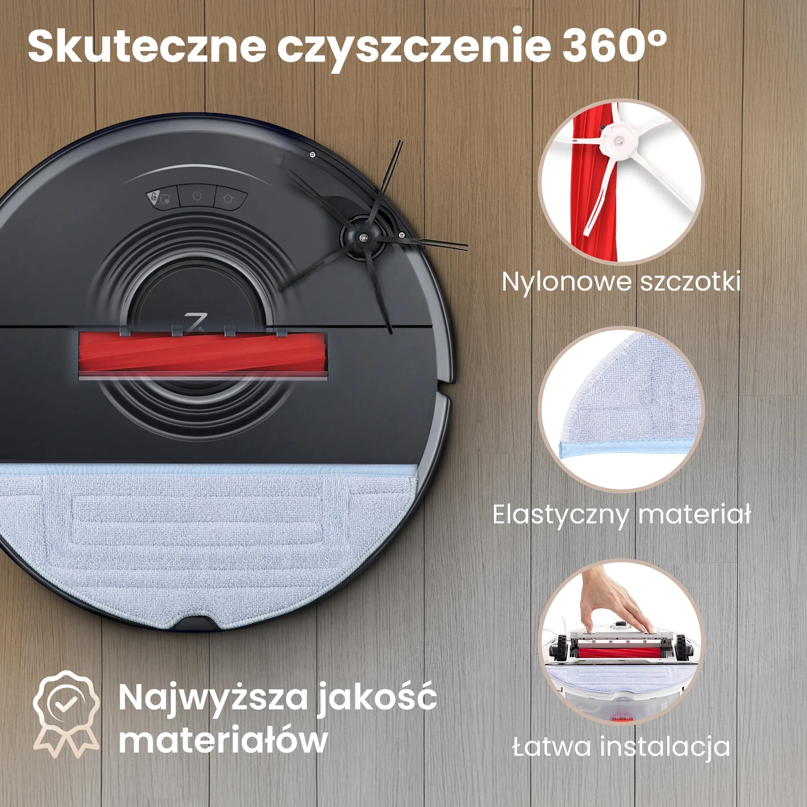 Robot Roborock z czerwoną szczotką główną, boczną szczotką i niebieską nakładką mopującą