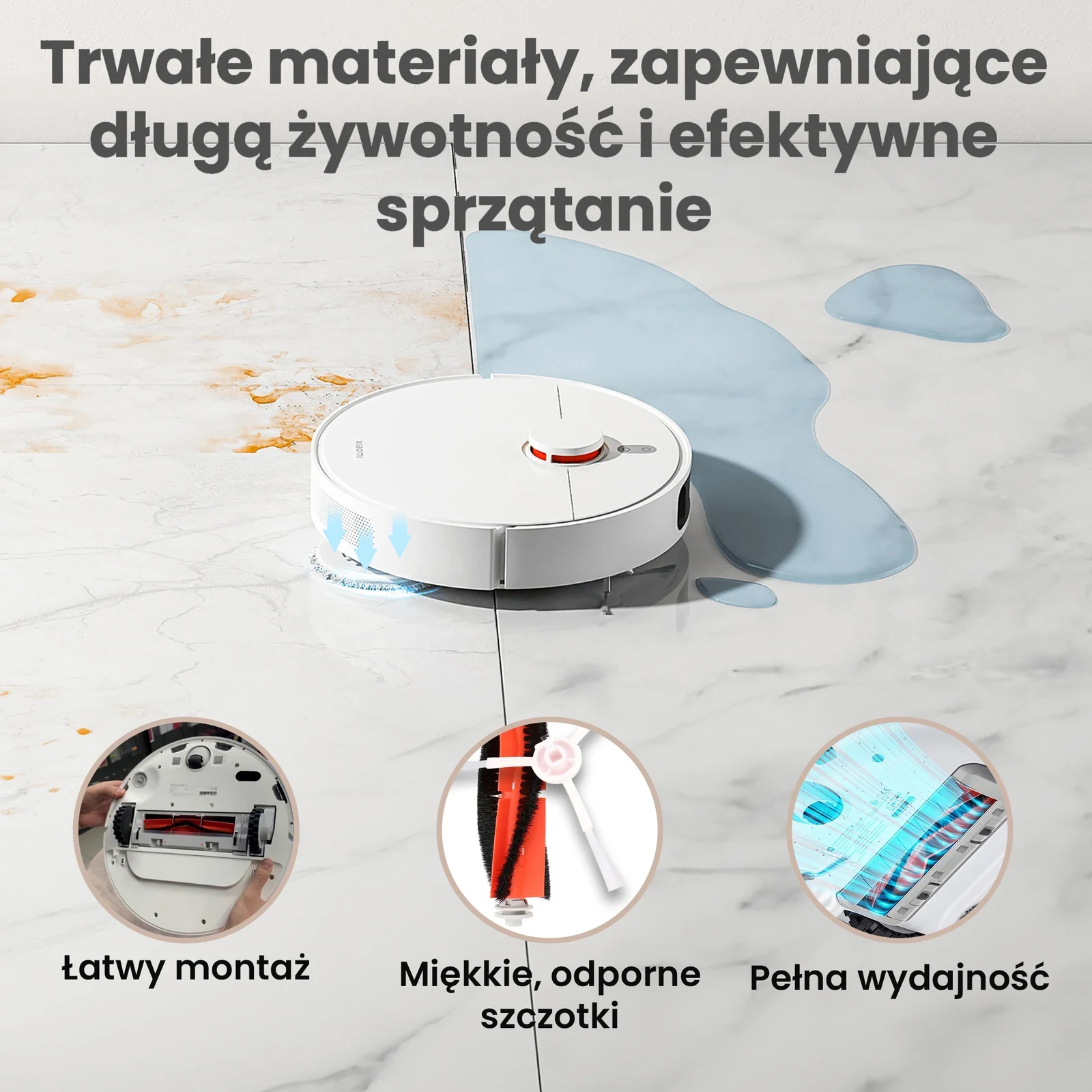 Biały robot sprzątający poruszający się po podłodze z mokrymi i suchymi zabrudzeniami