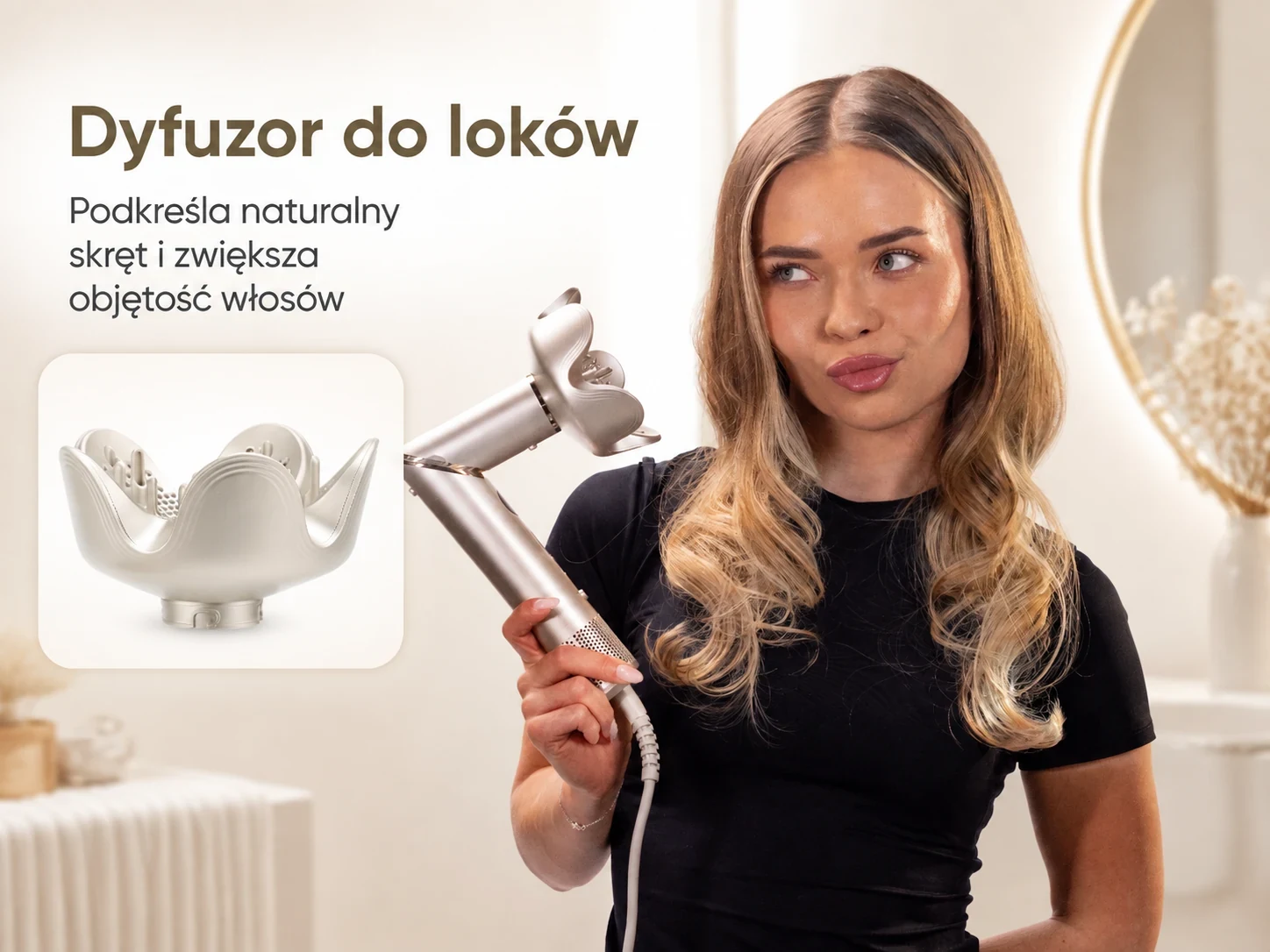 Kobieta używa lok&oacute;wko-suszarki z dyfuzorem do stylizacji kręconych włos&oacute;w