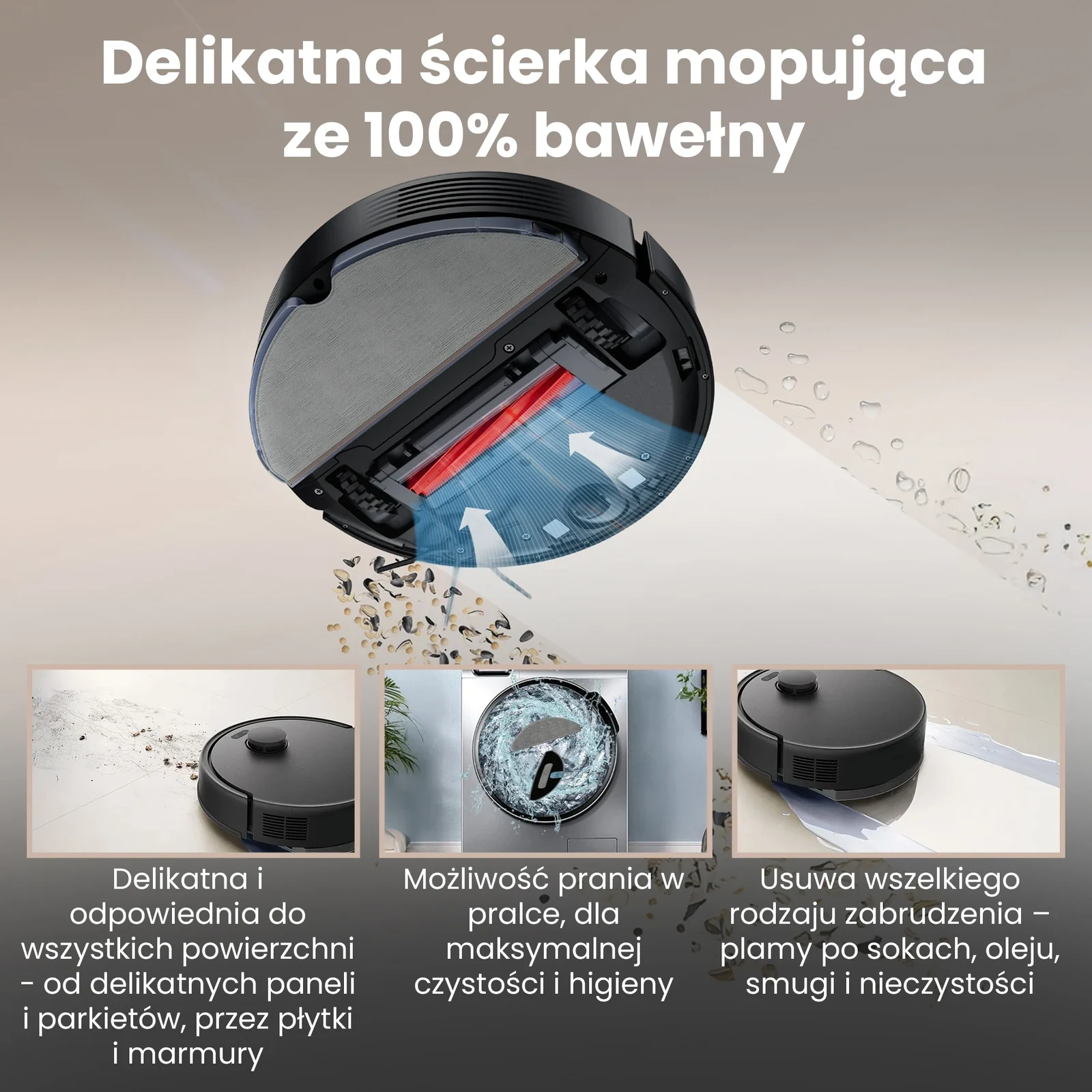 Robot sprzątający z zamontowaną ściereczką mopującą podczas czyszczenia podłogi