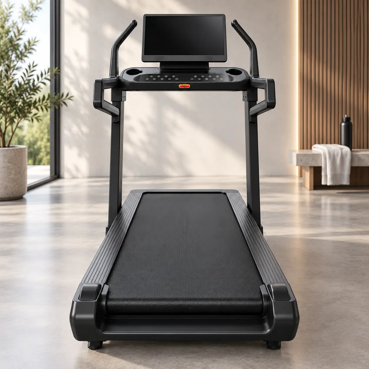 Widok od tyłu na szeroki pas biegowy i konstrukcję bieżni elektrycznej StayFit Vector Pro.