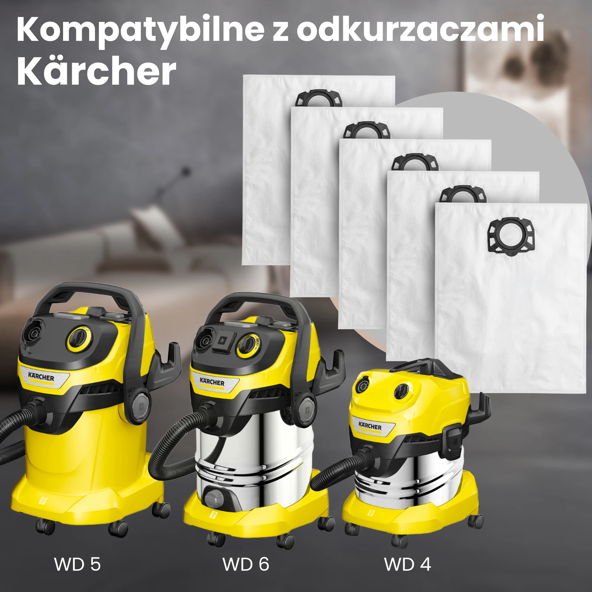Pięć worków zamiennych do odkurzaczy Kärcher WD 4, WD 5 i WD 6