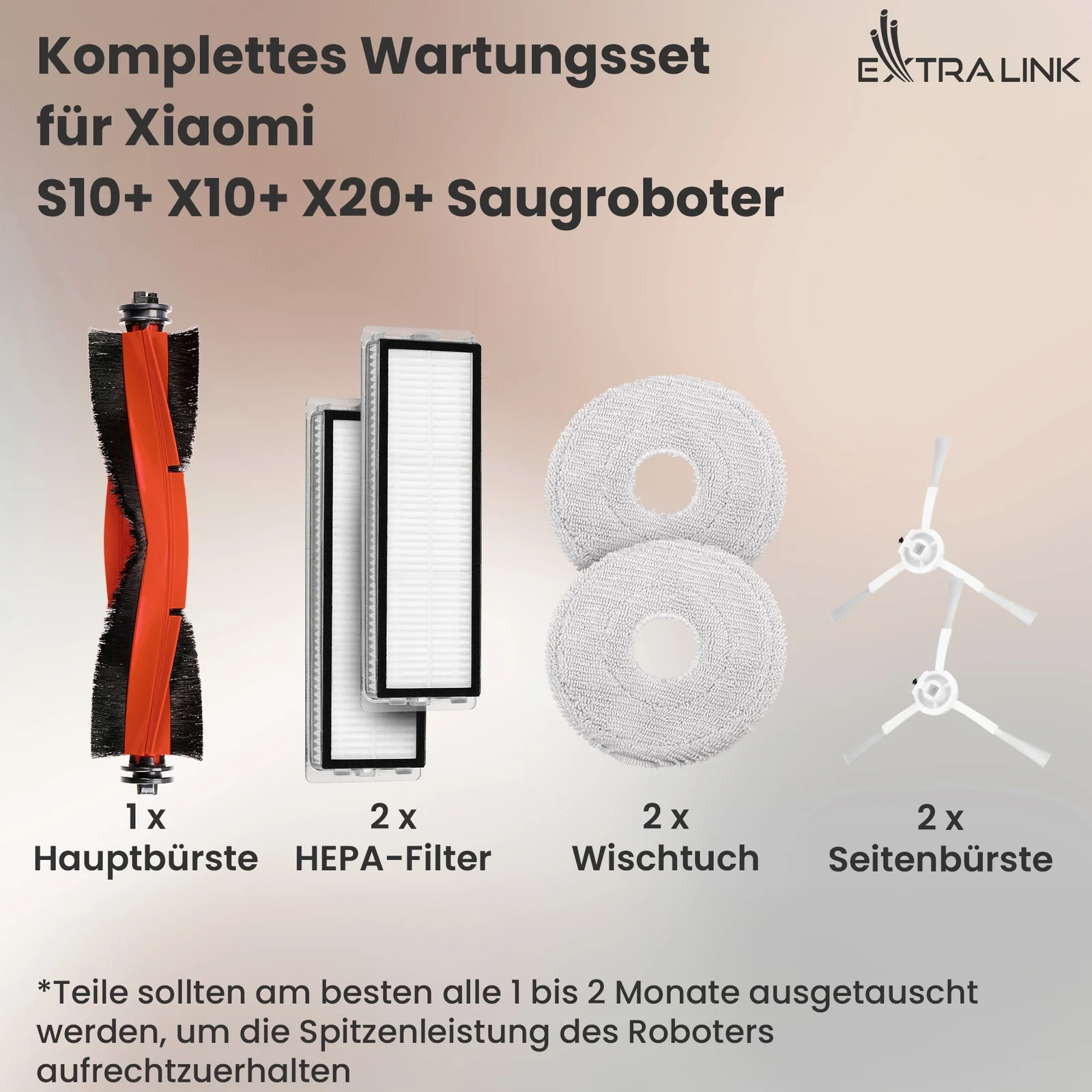 Hauptb&uuml;rste, zwei HEPA-Filter, zwei Wischt&uuml;cher und zwei Seitenb&uuml;rsten