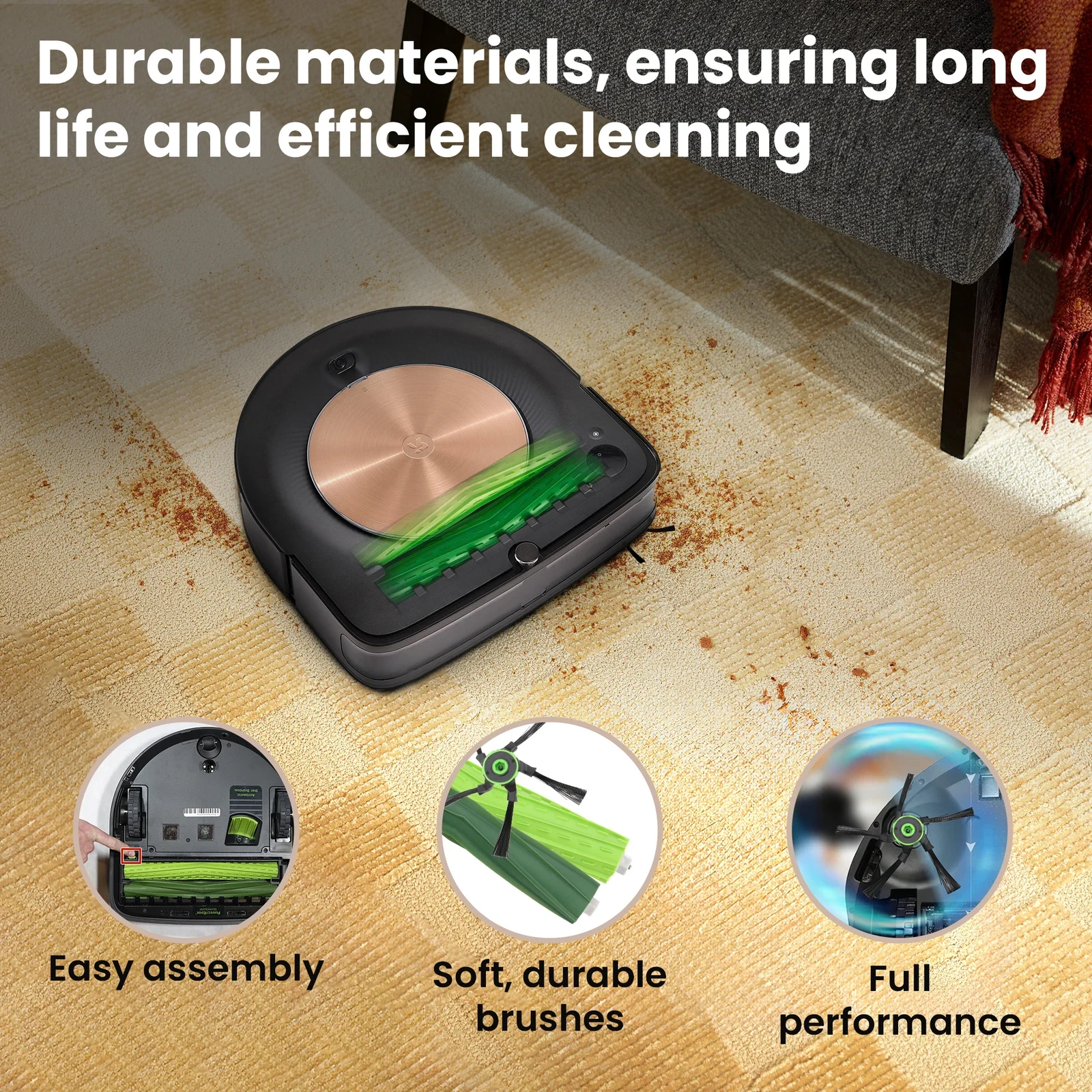 Black robot vacuum cleaner with a green cleaning roller on a carpet