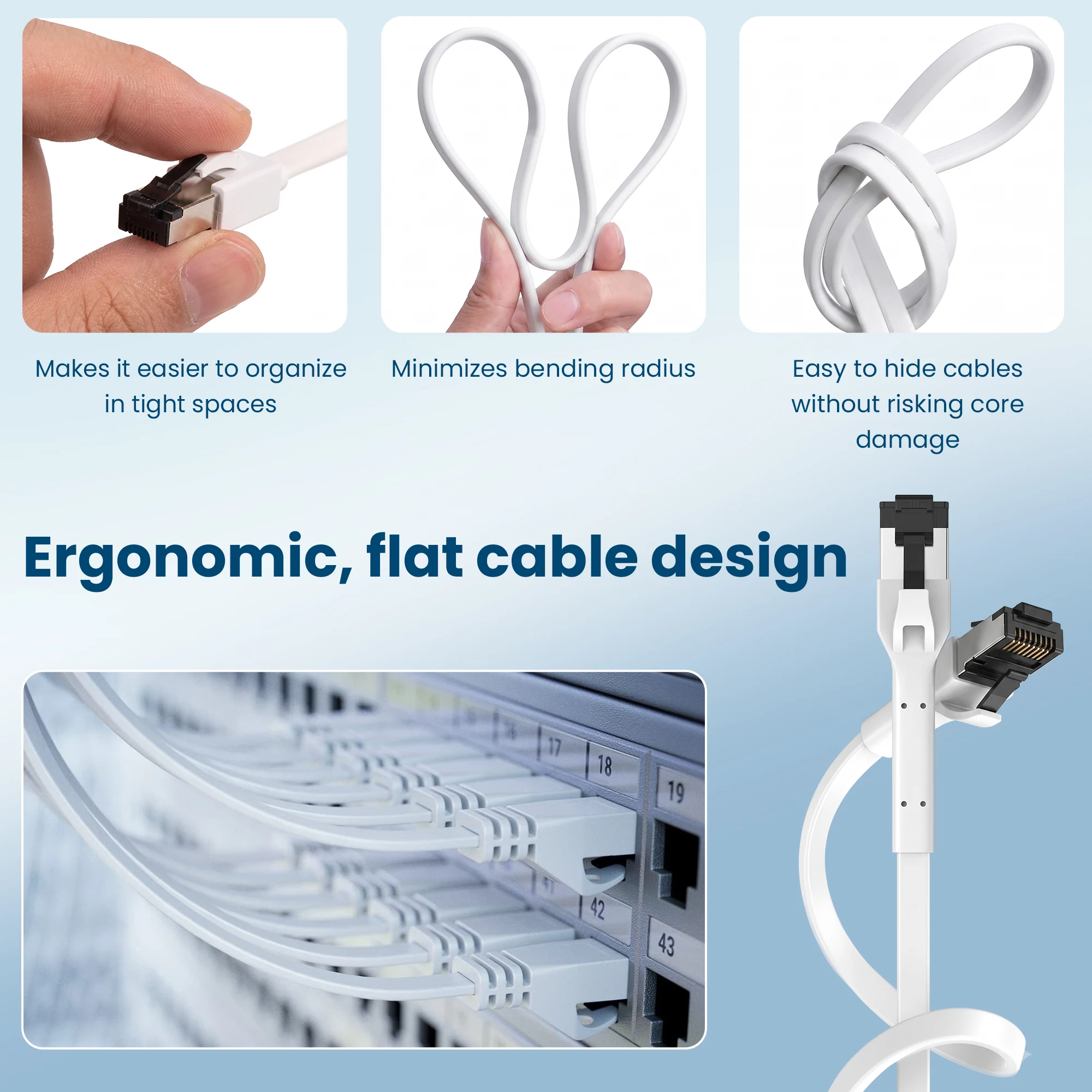 White flat network cable with an RJ45 plug, bent and routed through a tight space