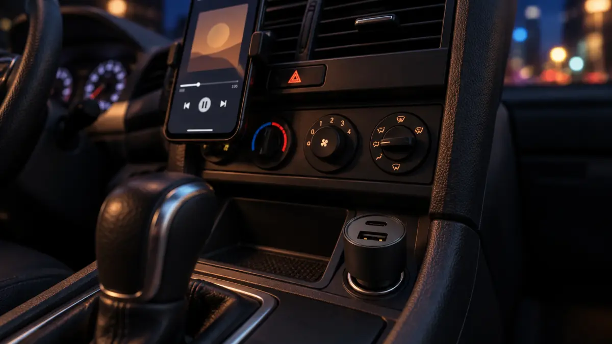 Black FM transmitter in the cigarette lighter socket next to the gear lever and a phone with a music player.