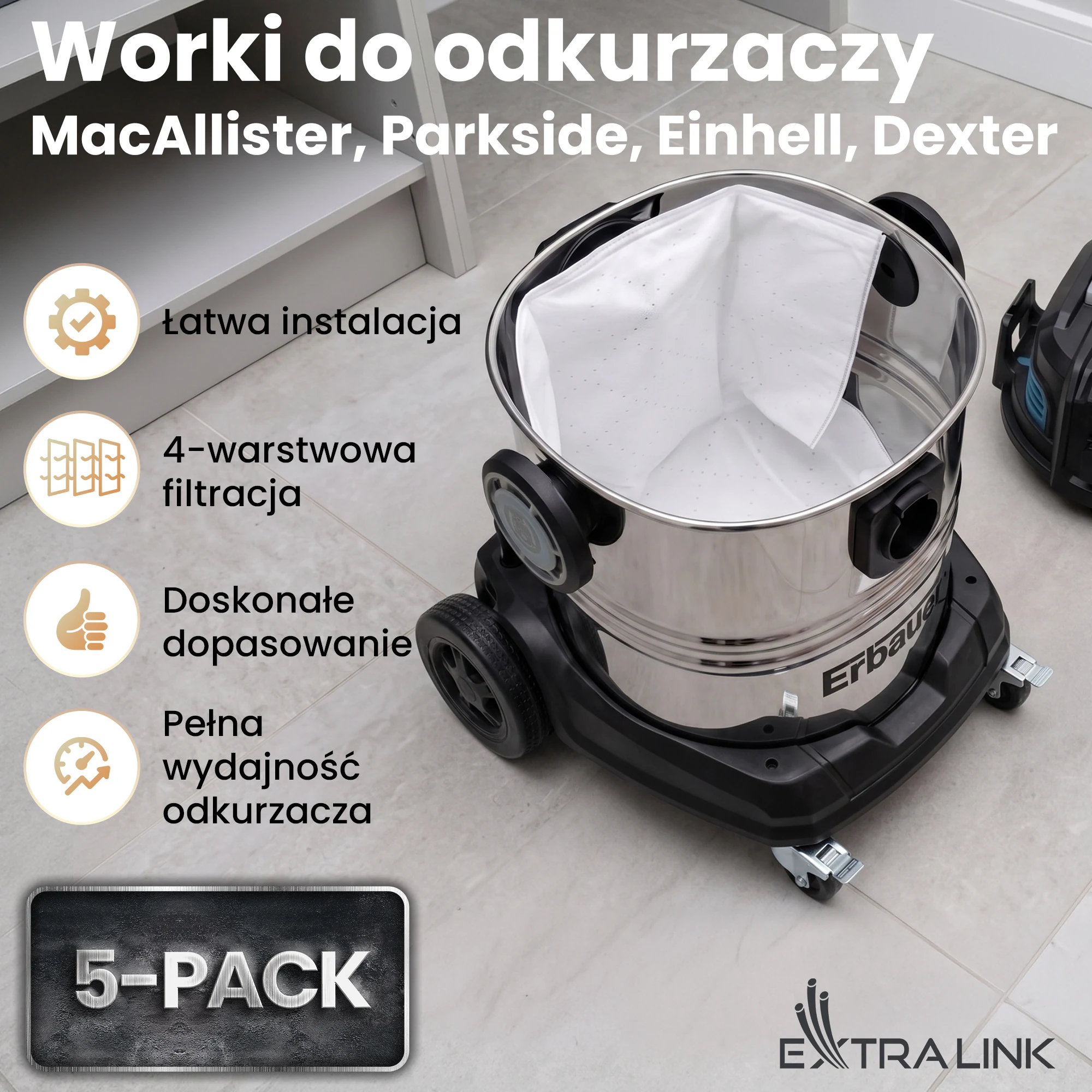 Replacement bag for workshop vacuum cleaner 40 l, 5 pieces, easy installation
