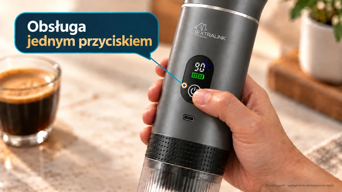 Macchina da caffè grigia Extralink Espresso2Go con pulsante di controllo e display della temperatura e del livello di energia.