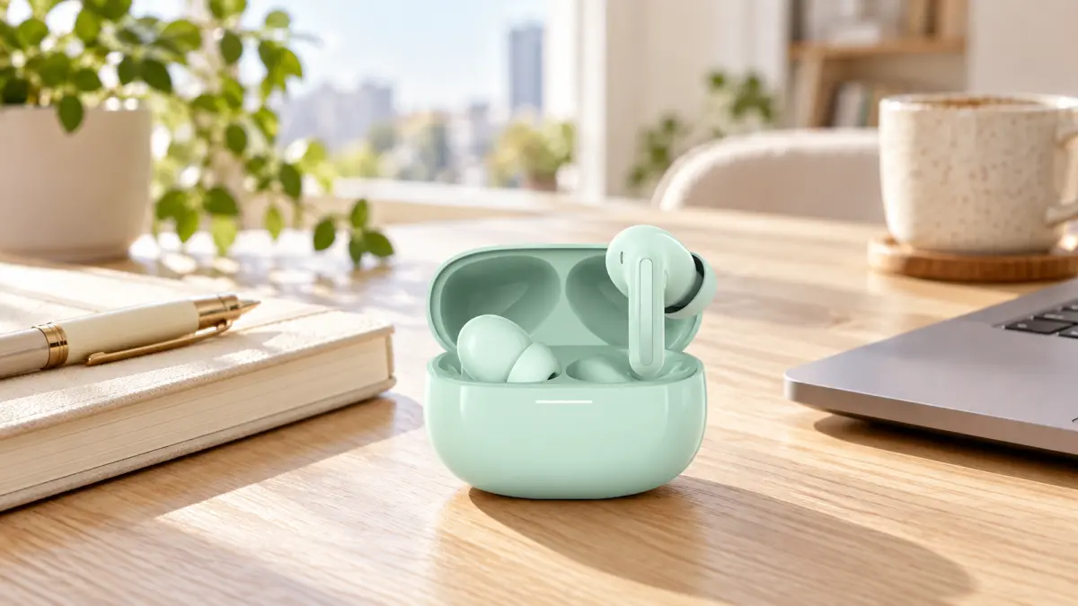 Mint wireless earbuds in an open case on a wooden desk next to a laptop, notebook and mug.