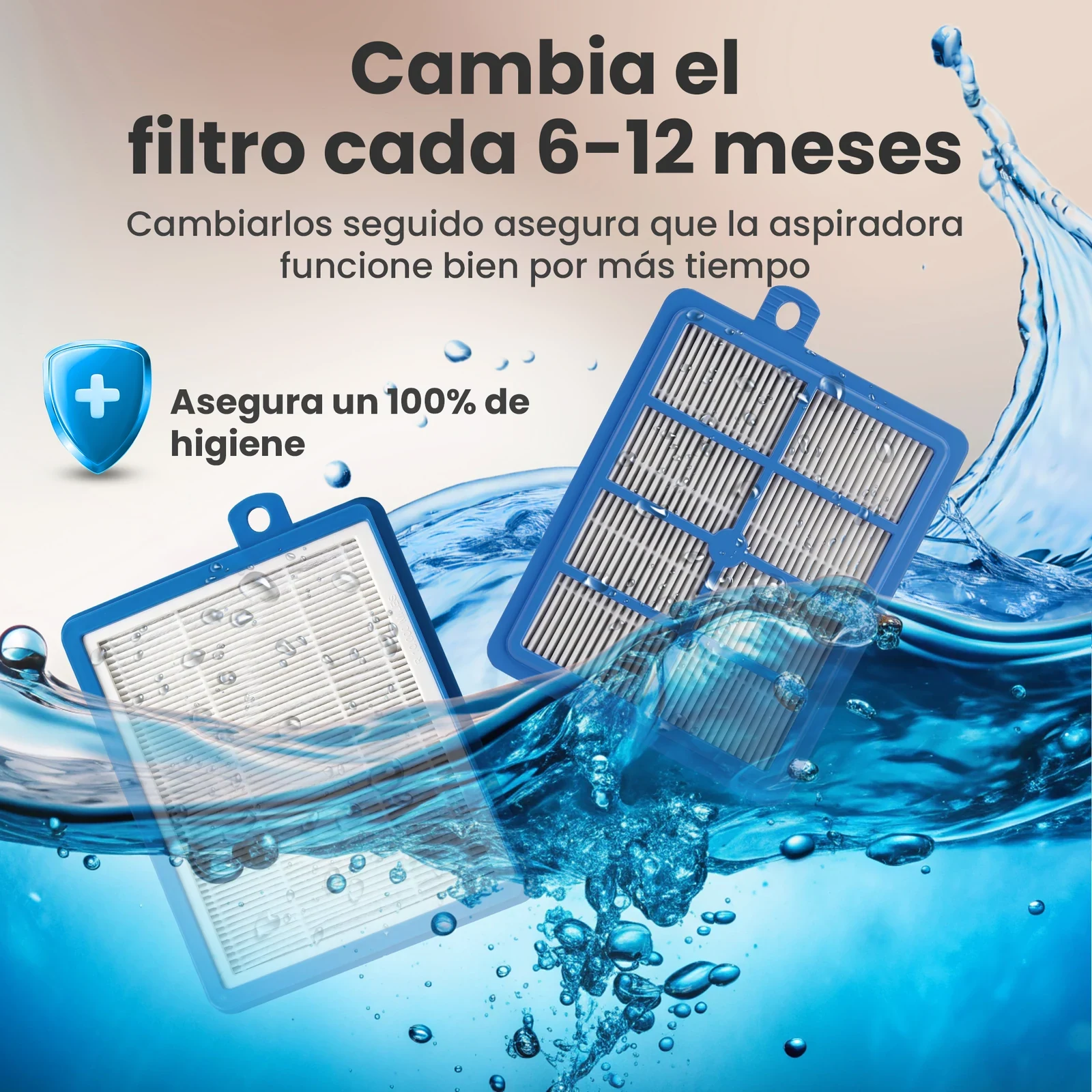 Filtro de aire azul presentado sobre un fondo de corriente de agua