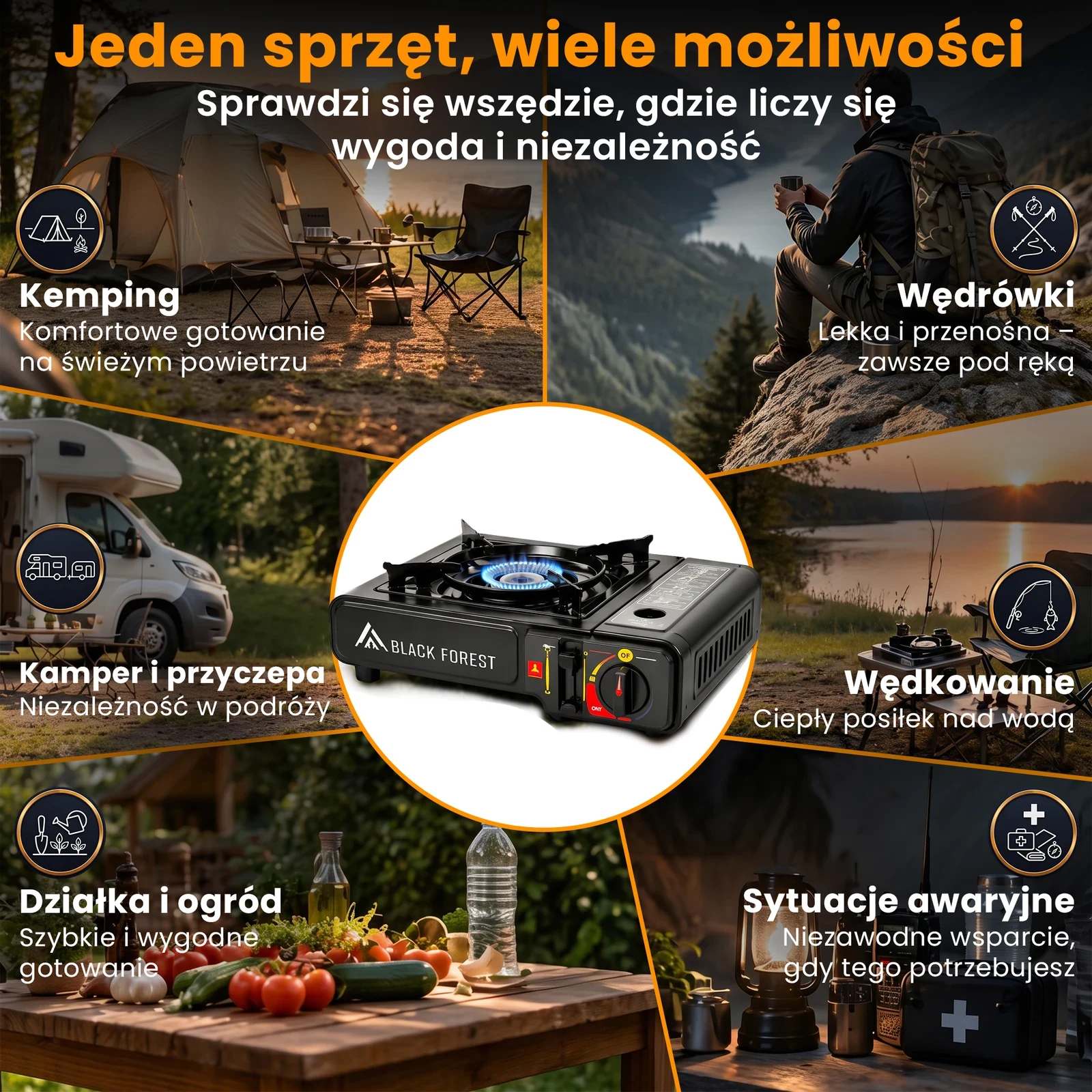 Kuchenka turystyczna w różnych scenach outdoorowych z krajobrazem