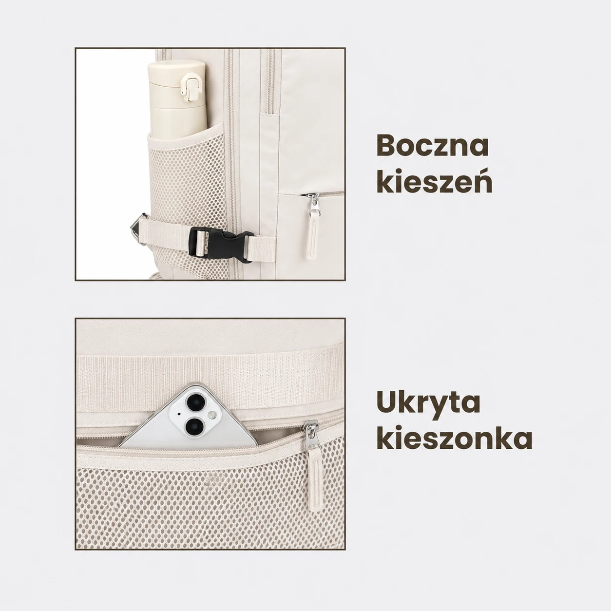 Mochila bege com bolso lateral para garrafa e bolso oculto para telefone.