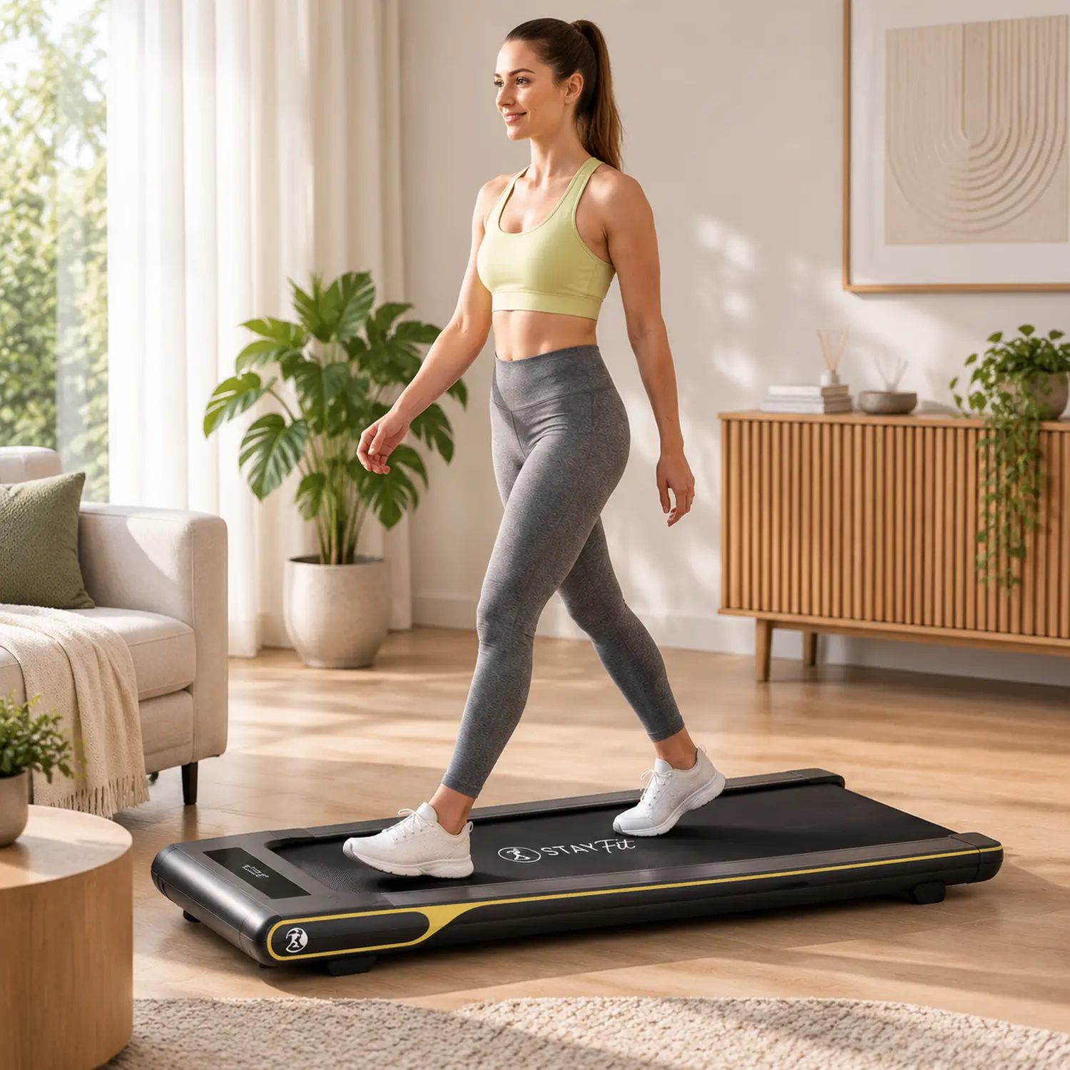 StayFit Vibe bieżnia domowa z użytkownikiem podczas treningu chodzenia w salonie