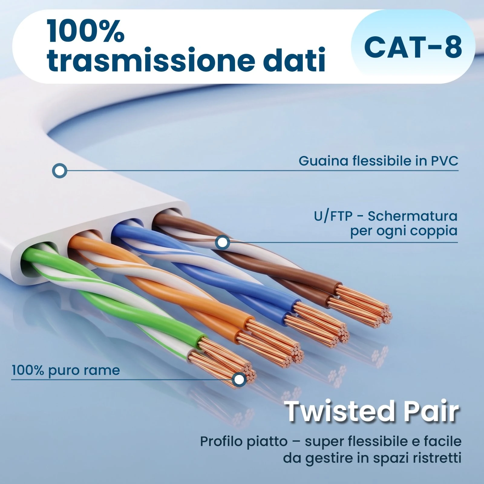 Sezione di un cavo bianco piatto con quattro coppie intrecciate di conduttori in rame