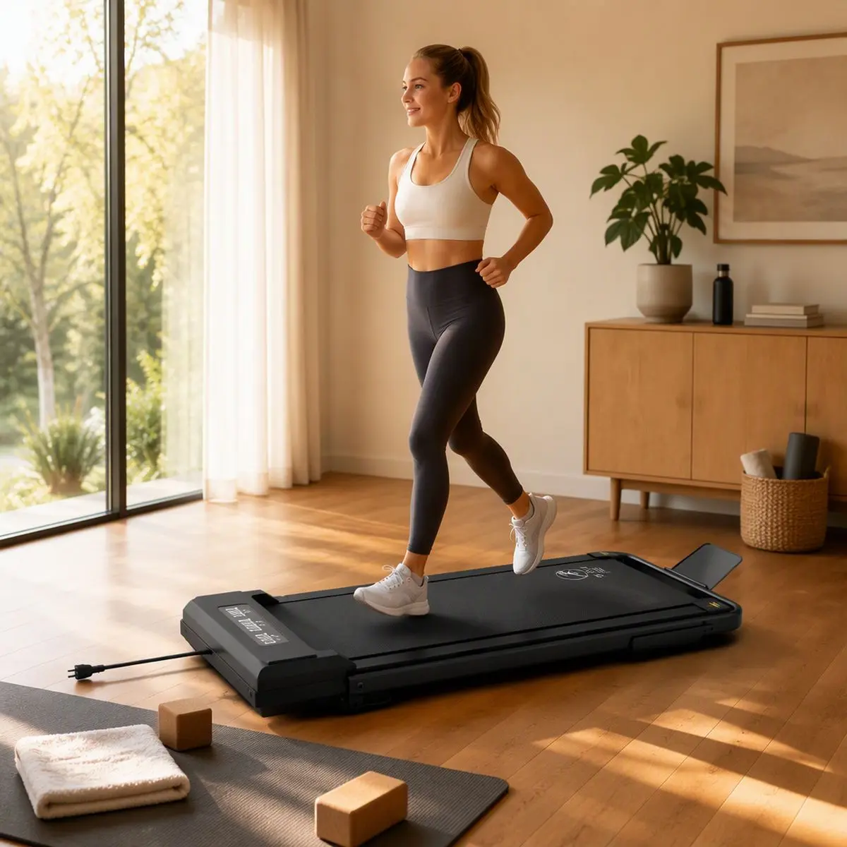 Kobieta biegnie na kompaktowej bieżni StayFit Aurora ustawionej w nowoczesnym salonie