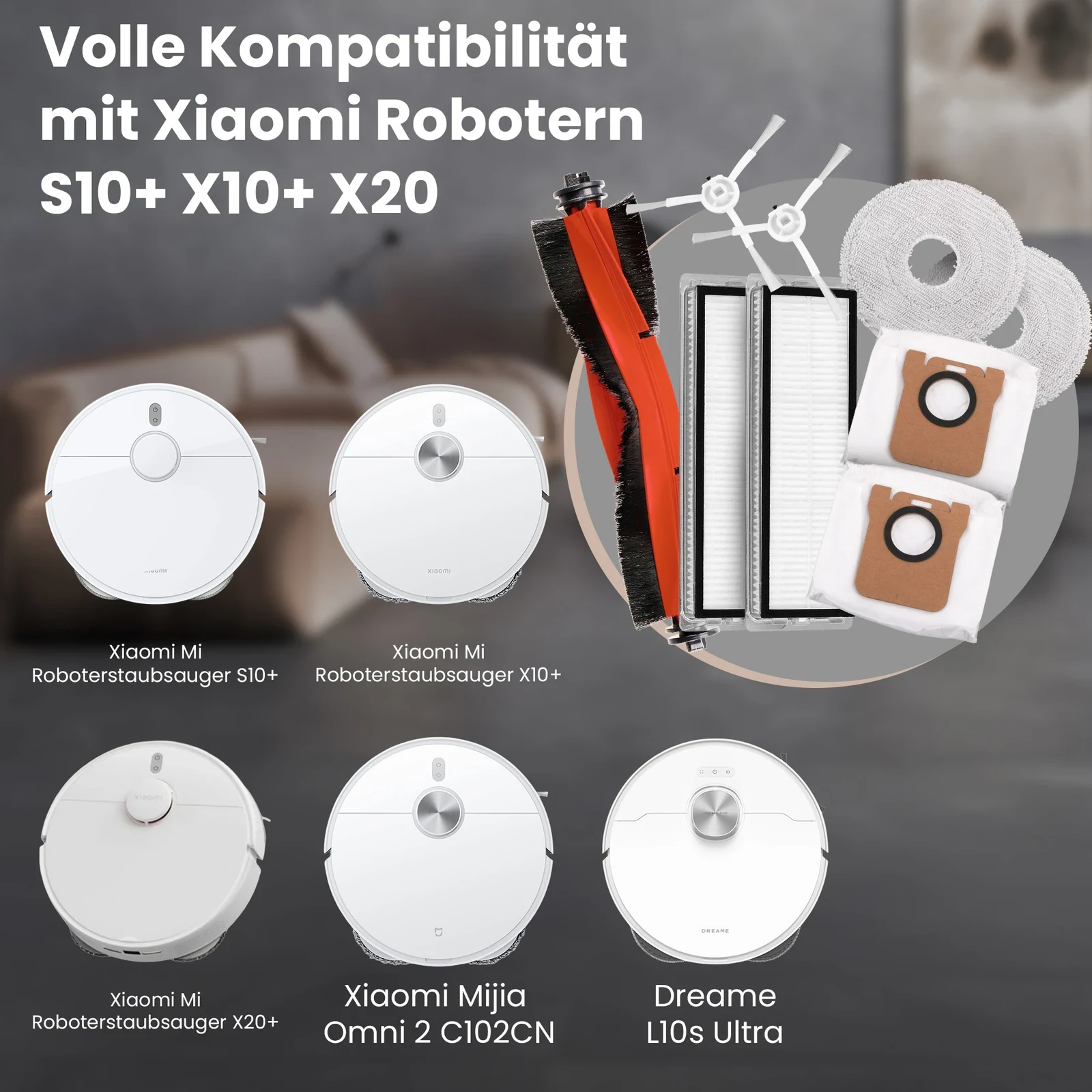 Weißer Xiaomi-Saugroboter und Set aus Bürste, Filtern, Beuteln und Wischtüchern