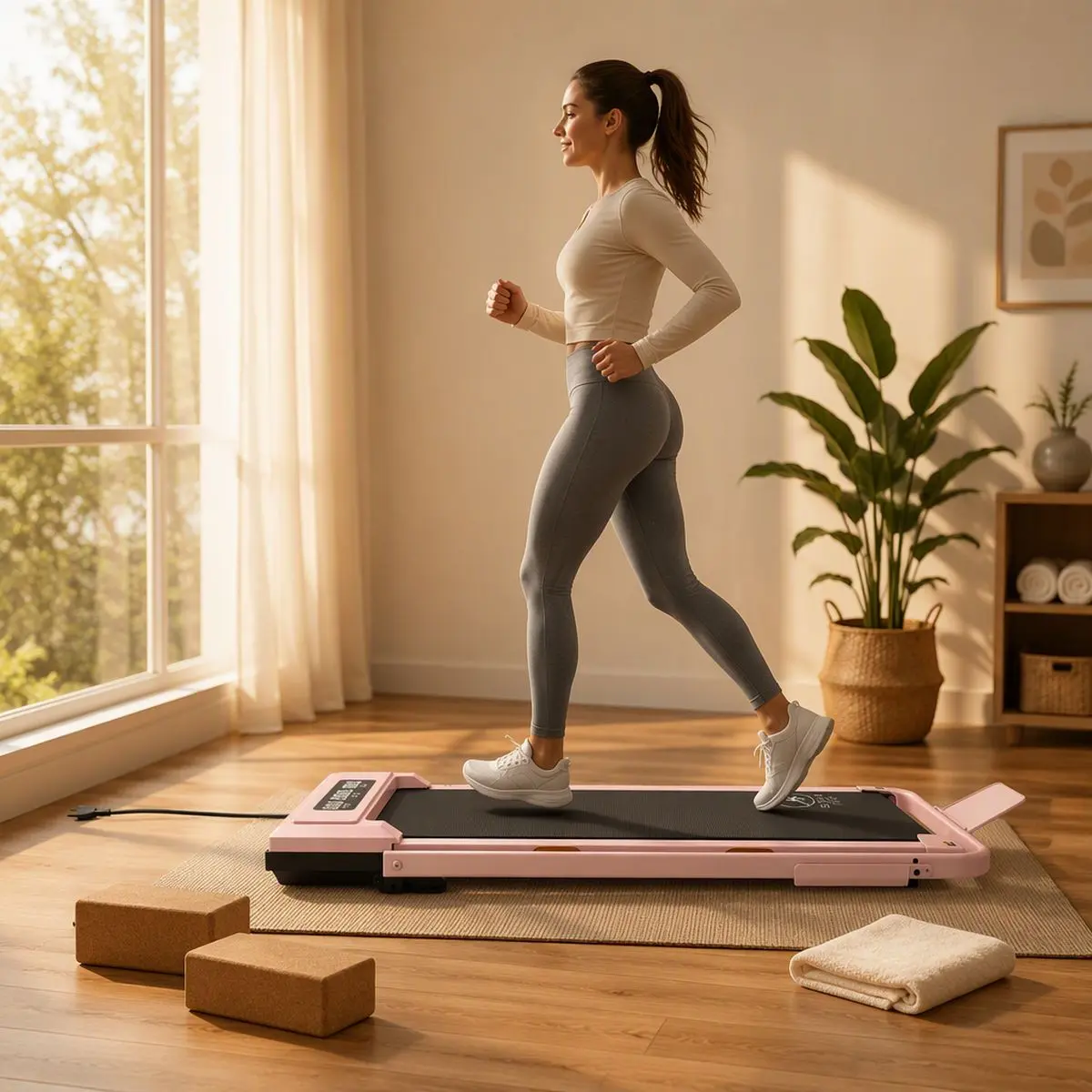 Kobieta biegnie na płaskiej bieżni domowej StayFit Aurora ustawionej na macie treningowej