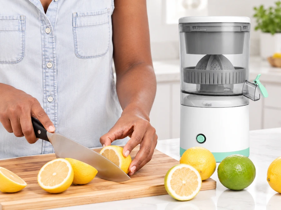 Cordless electric fruit juicer preparing fresh juice.