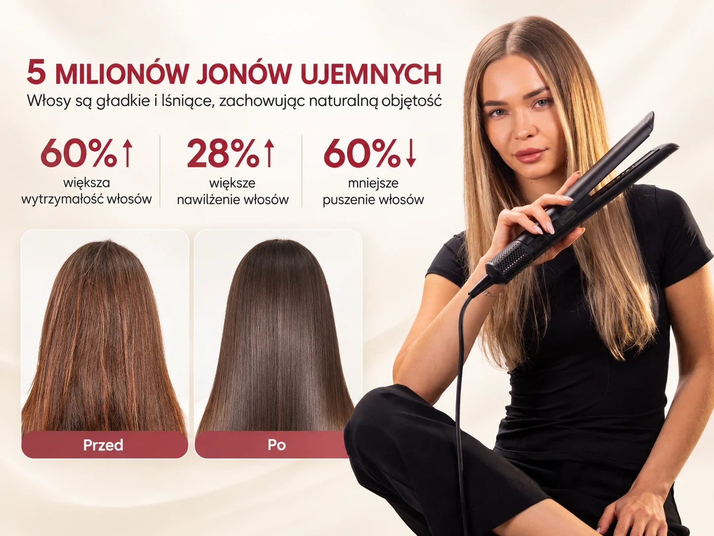 Frau mit langen, glatten Haaren hält einen schwarzen Aerogläter STAY Beauty