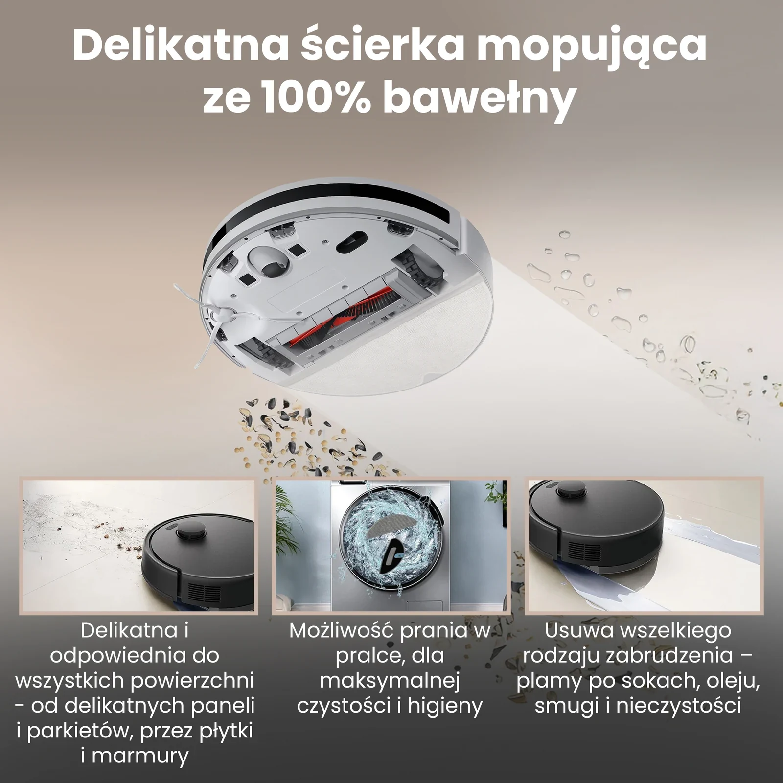 Robot sprzątający z zamontowaną ściereczką mopującą oraz ujęcia czyszczenia różnych zabrudzonych podłóg