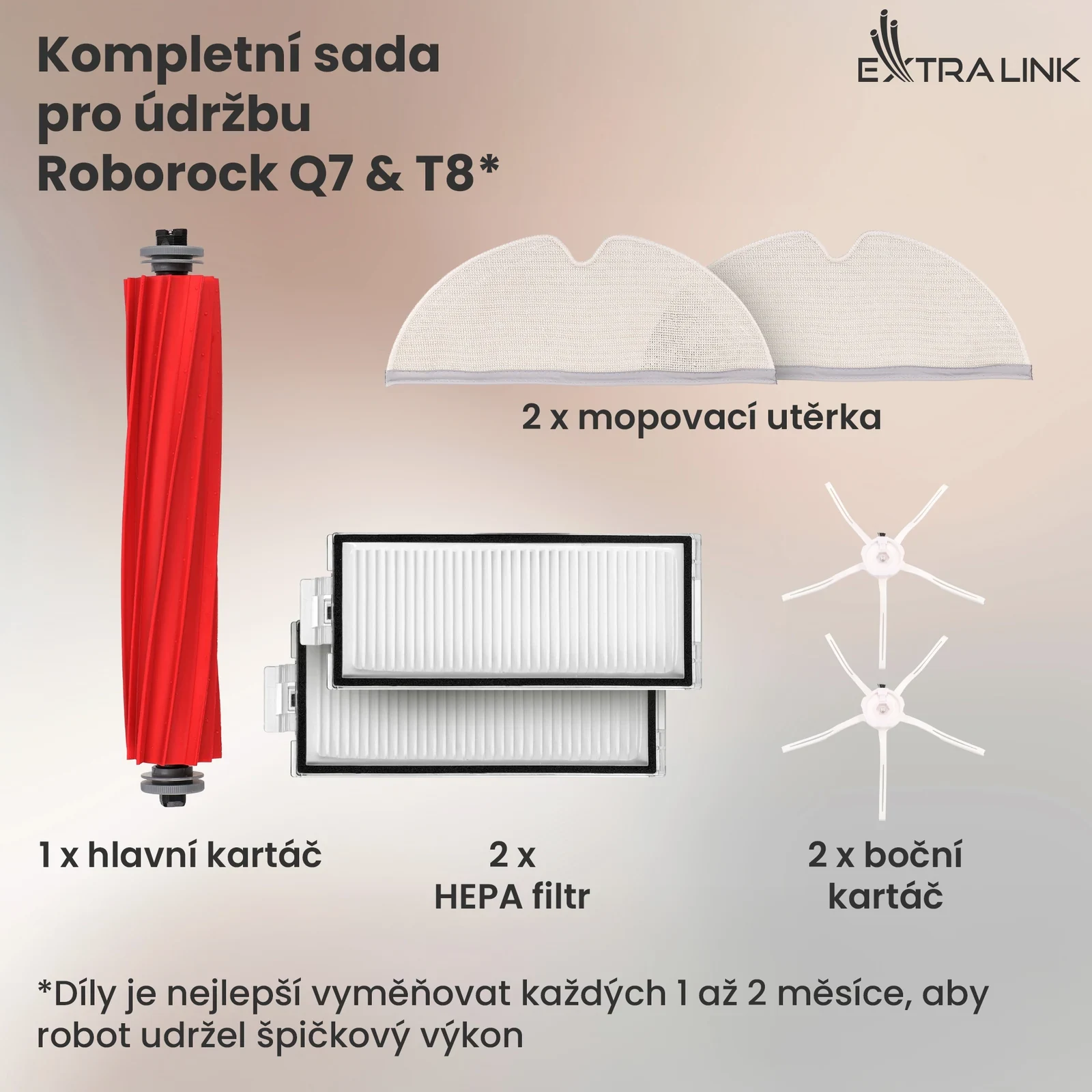 Sada d&iacute;lů Extralink pro Roborock Q7 a T8: hlavn&iacute; kart&aacute;č, filtry, bočn&iacute; kart&aacute;če a mopovac&iacute; utěrky