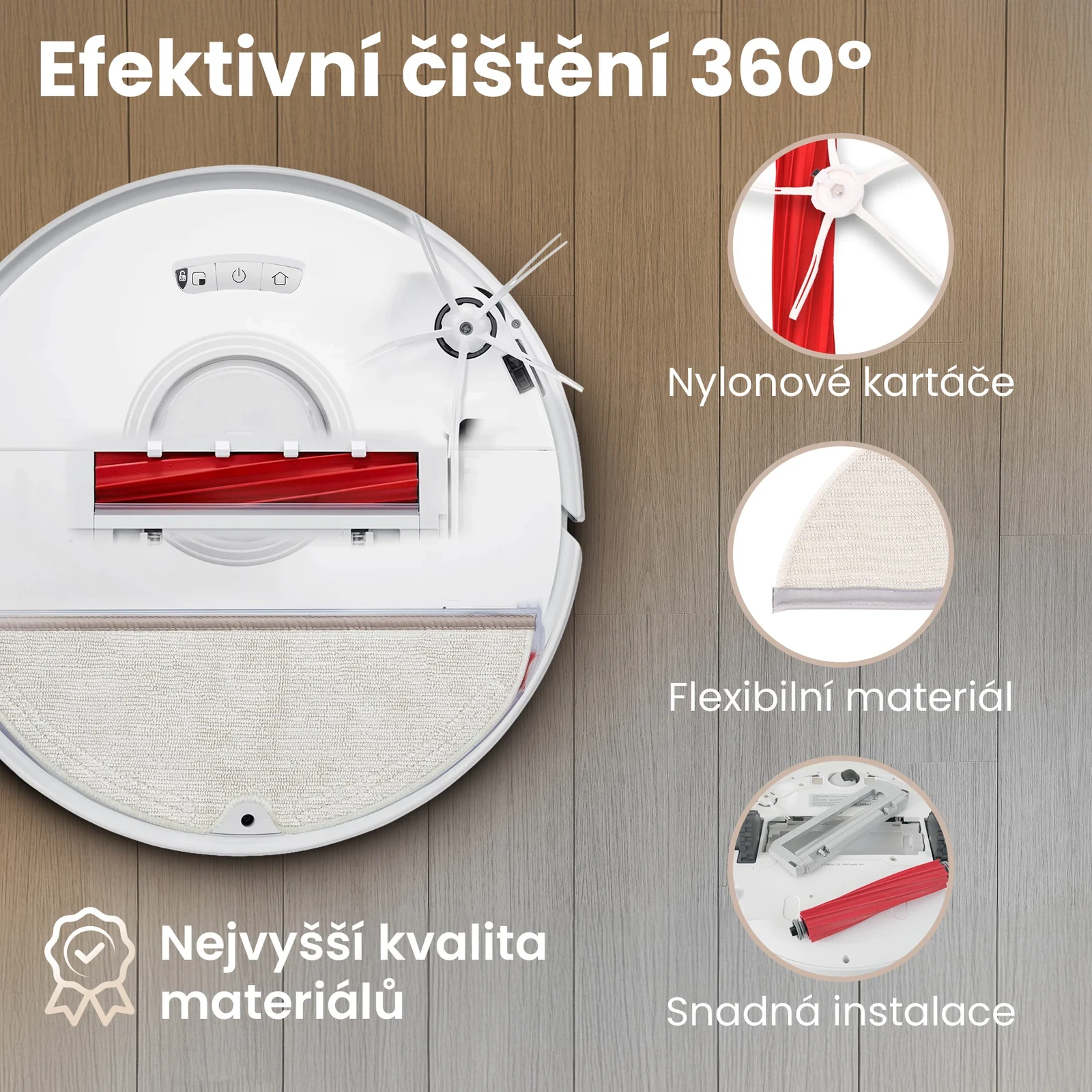 Spodn&iacute; strana b&iacute;l&eacute;ho robotick&eacute;ho vysavače s červen&yacute;m hlavn&iacute;m kart&aacute;čem, bočn&iacute;m kart&aacute;čem a mopovac&iacute; utěrkou