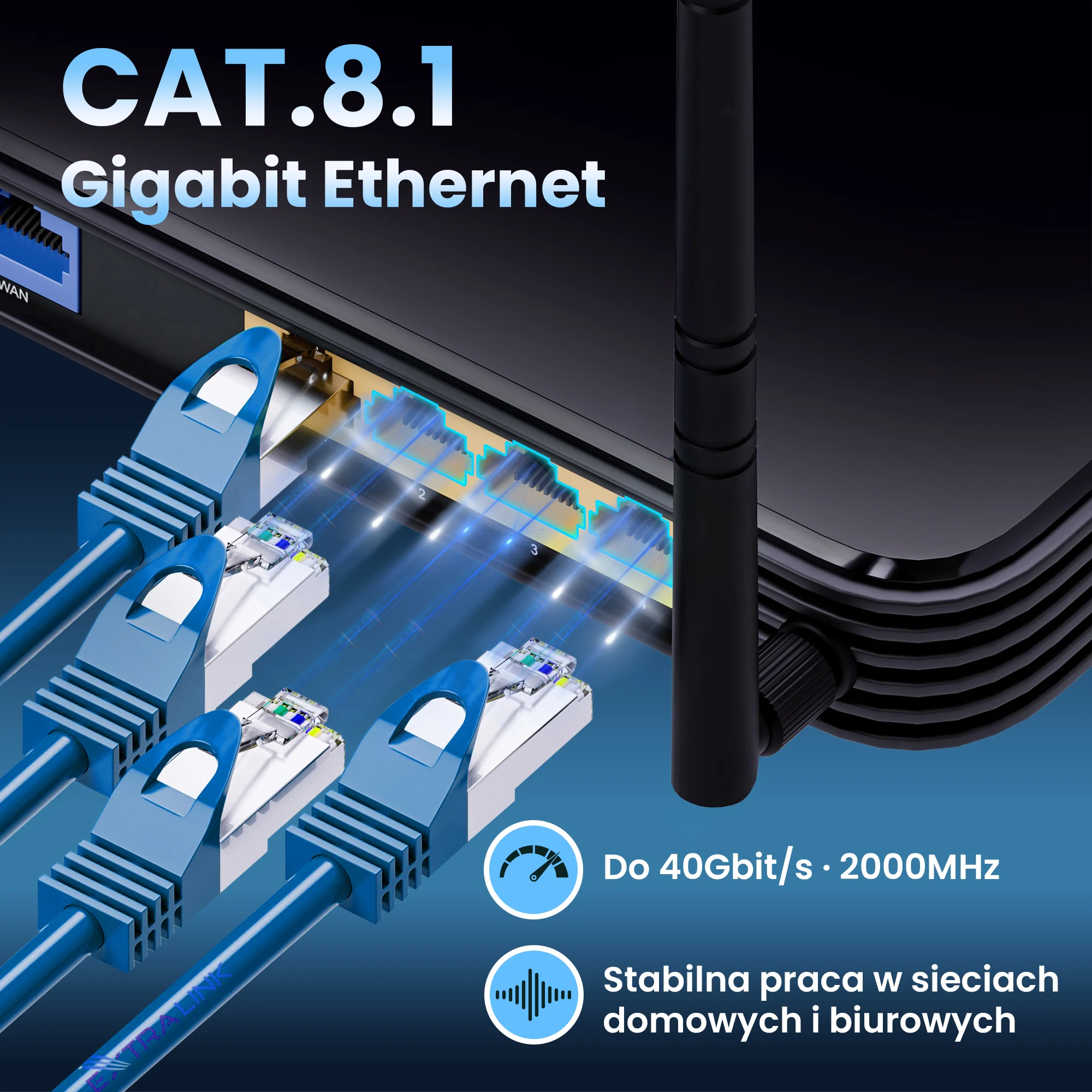 Niebieskie ekranowane patchcordy RJ45 podłączone do routera i przełącznika sieciowego