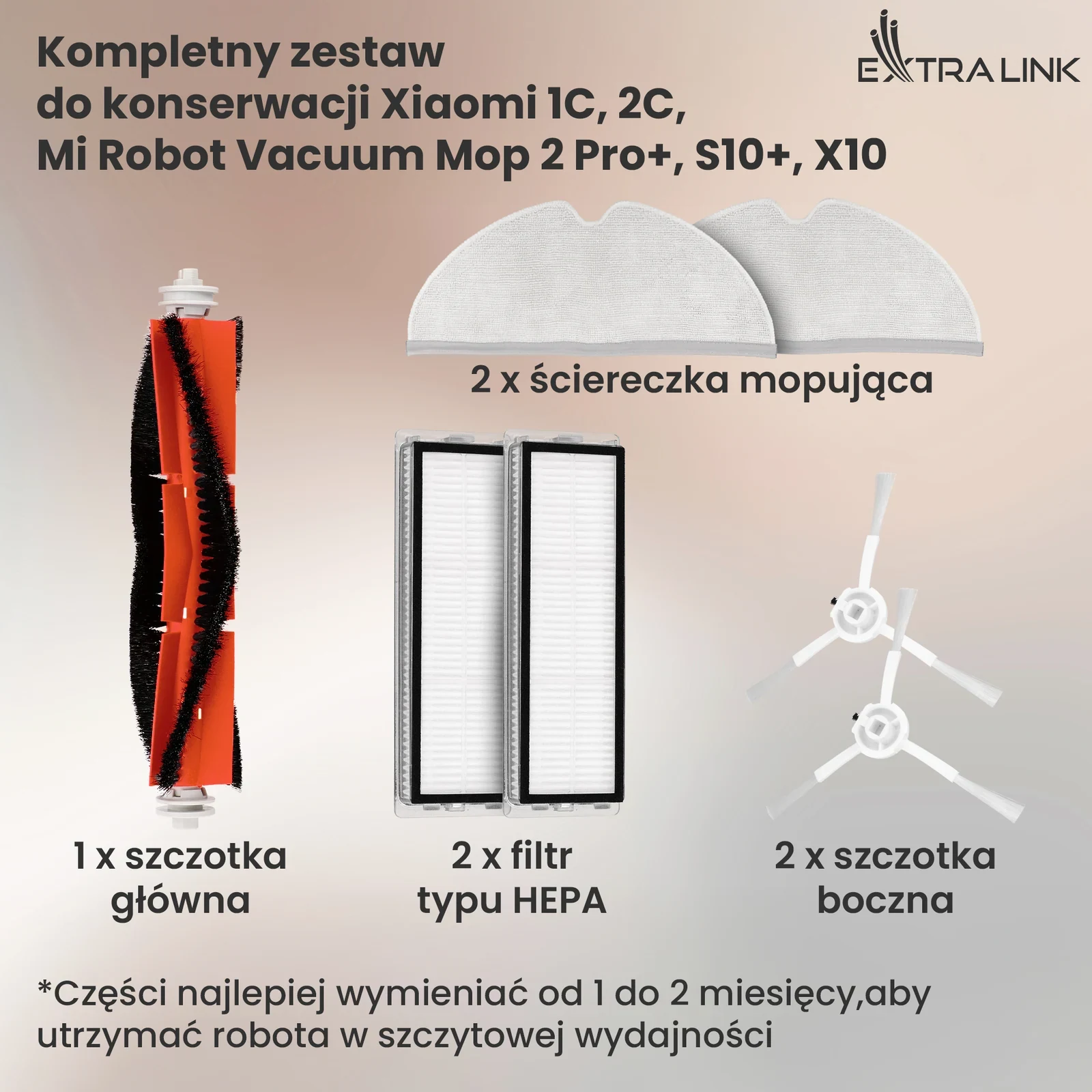 Elementy zestawu do robotów Xiaomi: szczotka główna, szczotki boczne, filtry i dwie ściereczki mopujące
