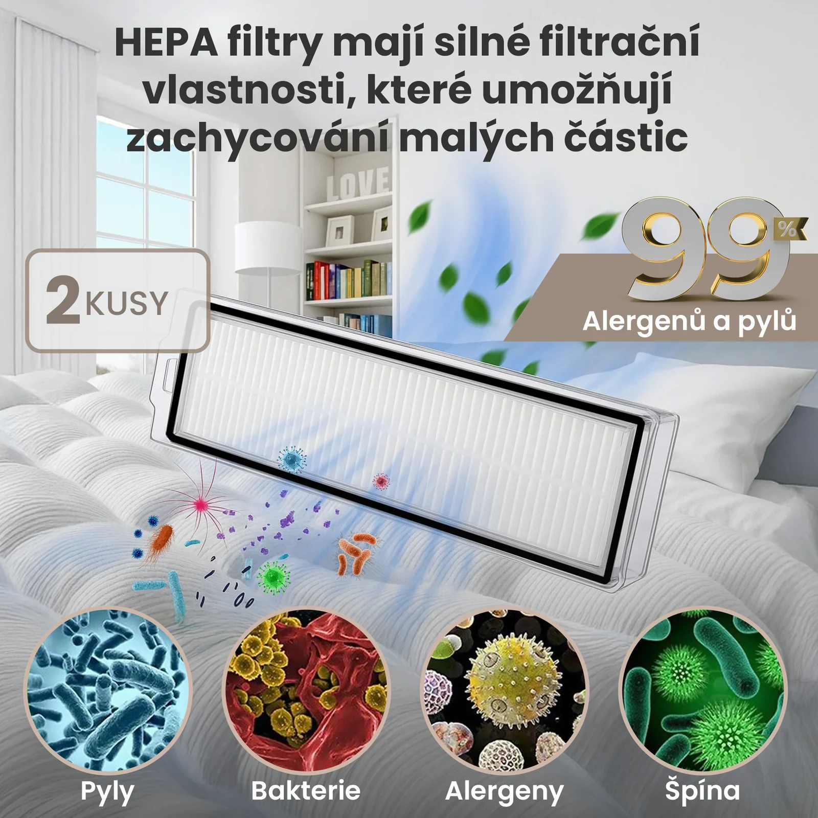 Samostatn&yacute; HEPA filtr do robotick&eacute;ho vysavače zobrazen&yacute; na pozad&iacute; ložnice a symbolick&yacute;ch č&aacute;stic