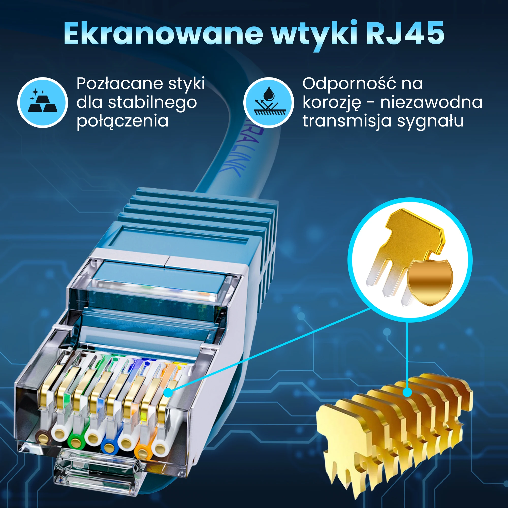 Zbliżenie niebieskiego patchcordu Extralink z ekranowanym wtykiem RJ45 i pozłacanymi stykami