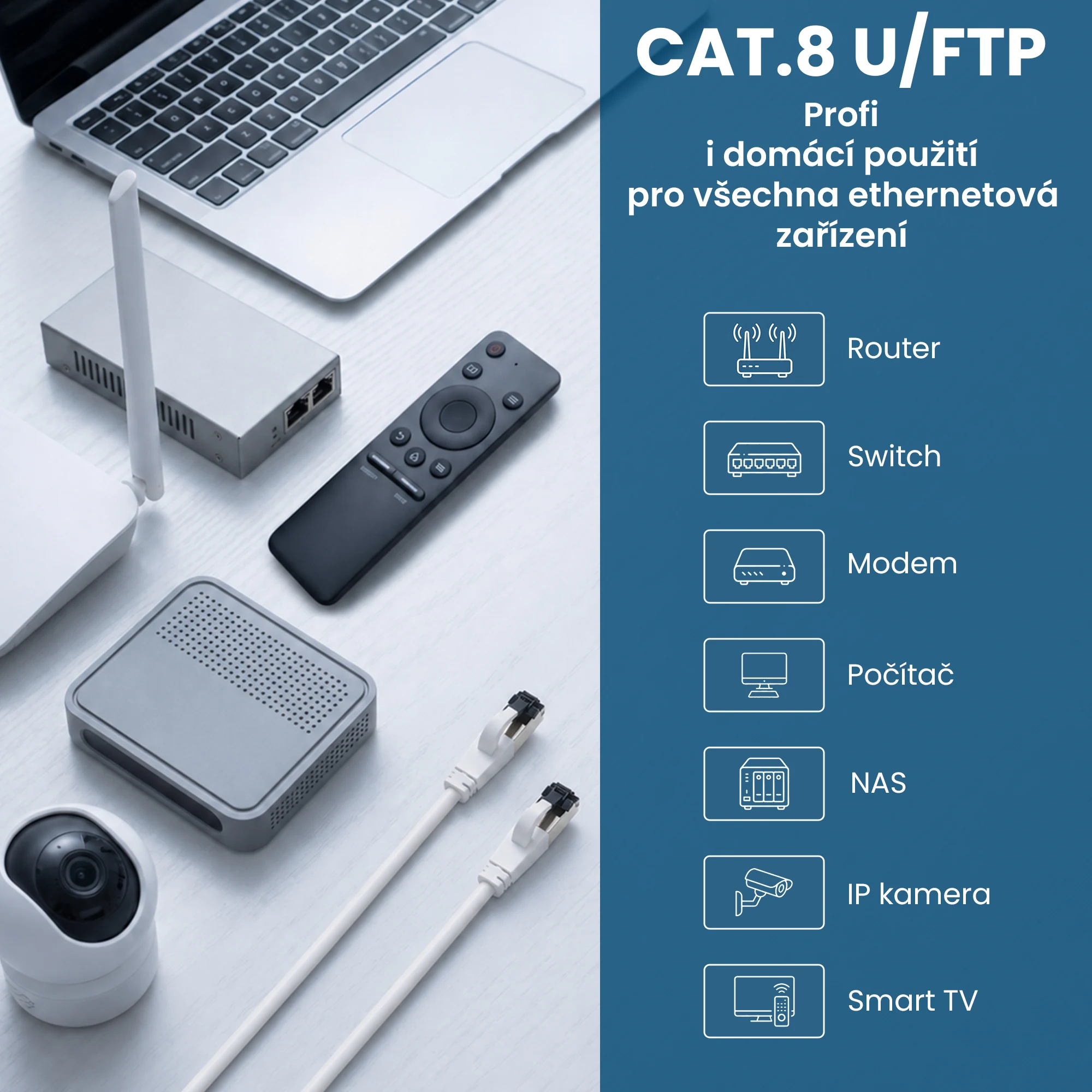Bílý patchcord RJ45 vedle routeru, počítače, modemu, switche, NAS serveru a kamery