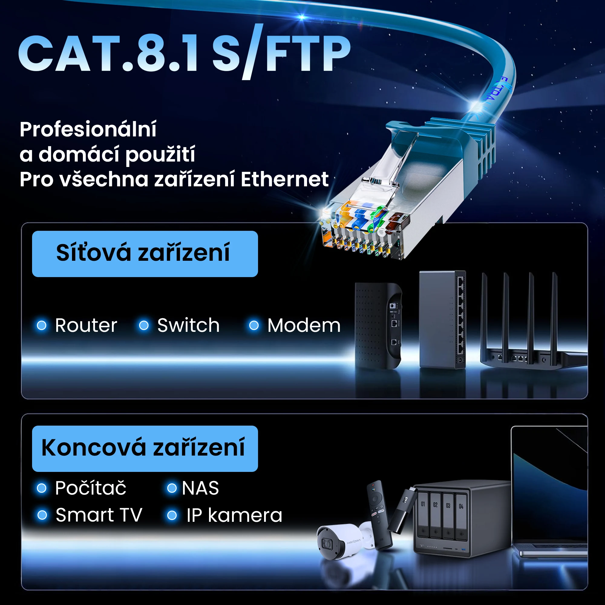 Modrý patchcord Extralink se zástrčkou RJ45 a síťová zařízení, počítač, NAS a IP kamera