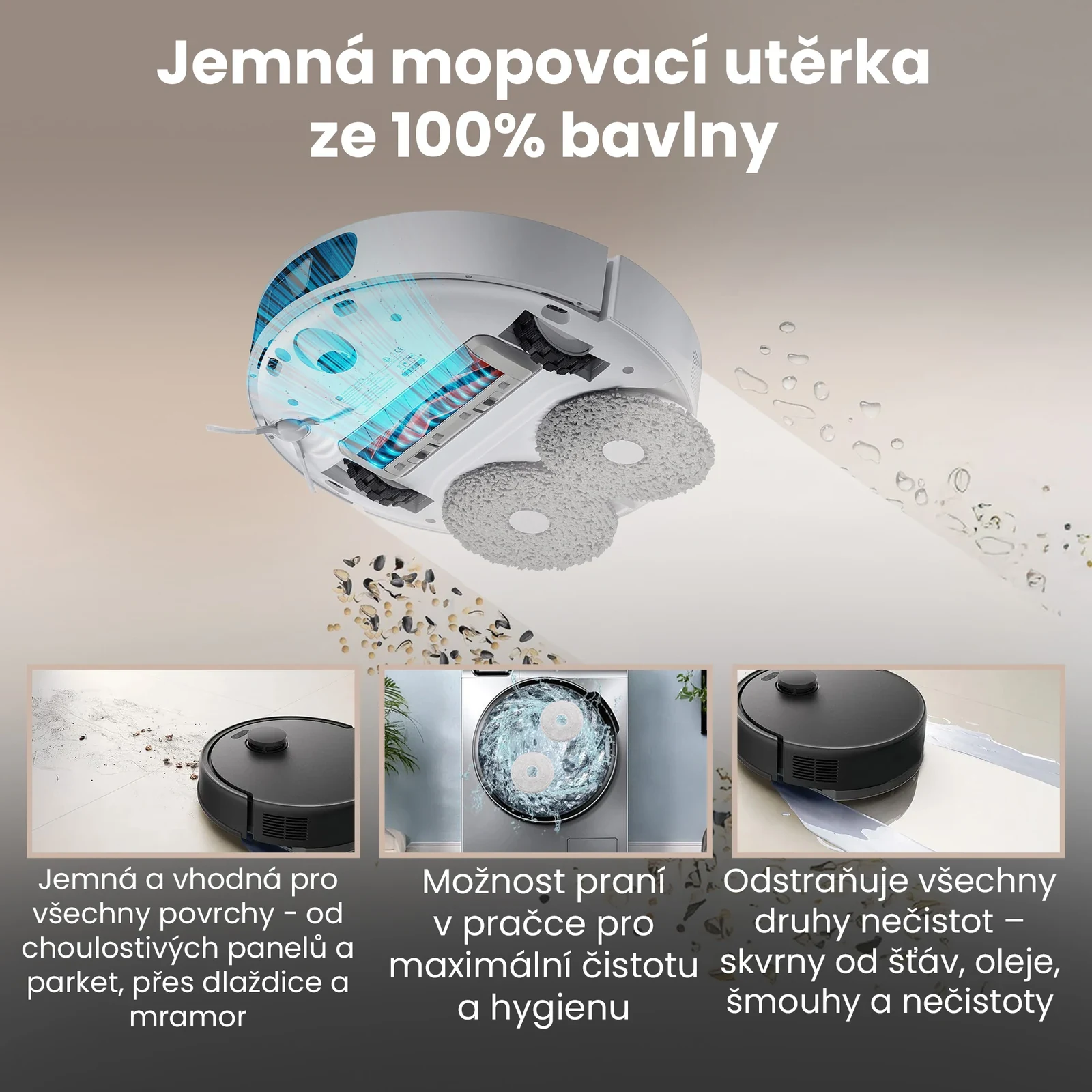Robotick&yacute; vysavač se dvěma kulat&yacute;mi mopovac&iacute;mi hadř&iacute;ky při či&scaron;těn&iacute; podlahy