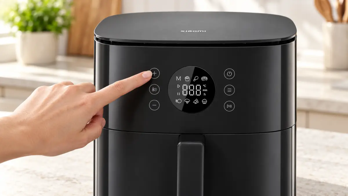 Siyah Xiaomi az yağlı fritözün kontrol panelindeki bir düğmeye basan el.