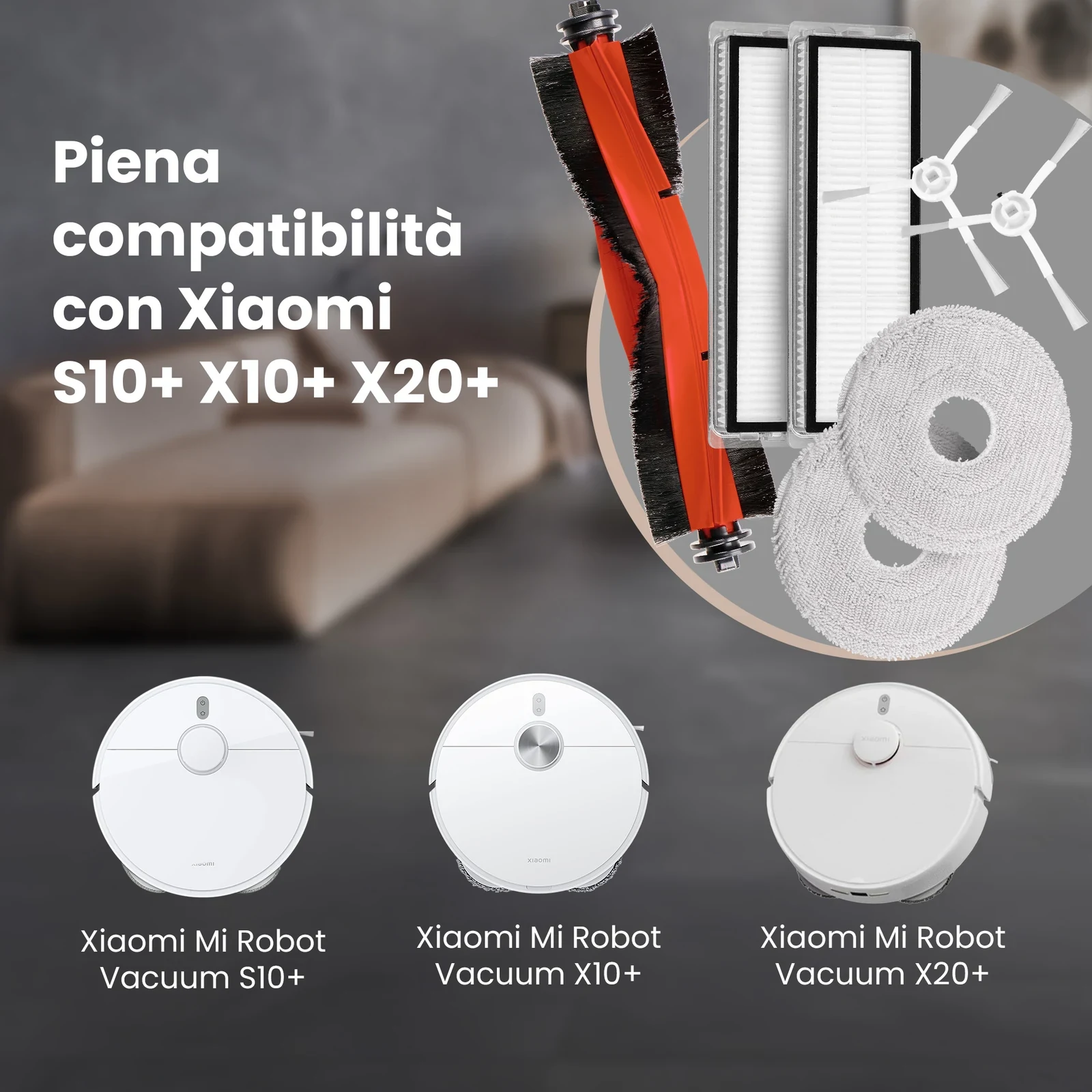 Set di parti Extralink accanto a tre robot bianchi Xiaomi Mi Robot Vacuum S10+, X10+ e X20+
